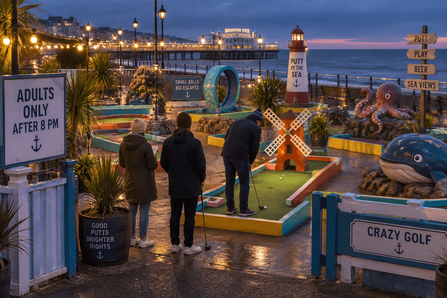 Players enjoy a lit seaside crazy golf course at dusk, with a “ADULTS ONLY AFTER 8 PM” sign; crazy about golf.