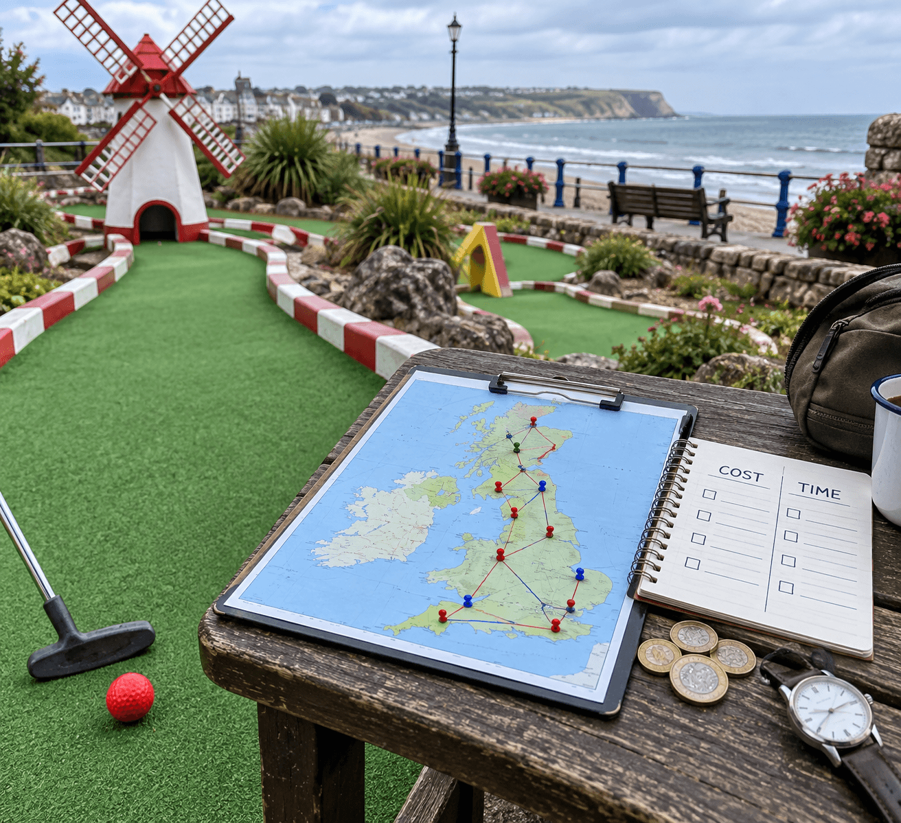 UK route map, cost and time checklist, coins, and golf gear on a seaside mini golf course—crazy about golf.