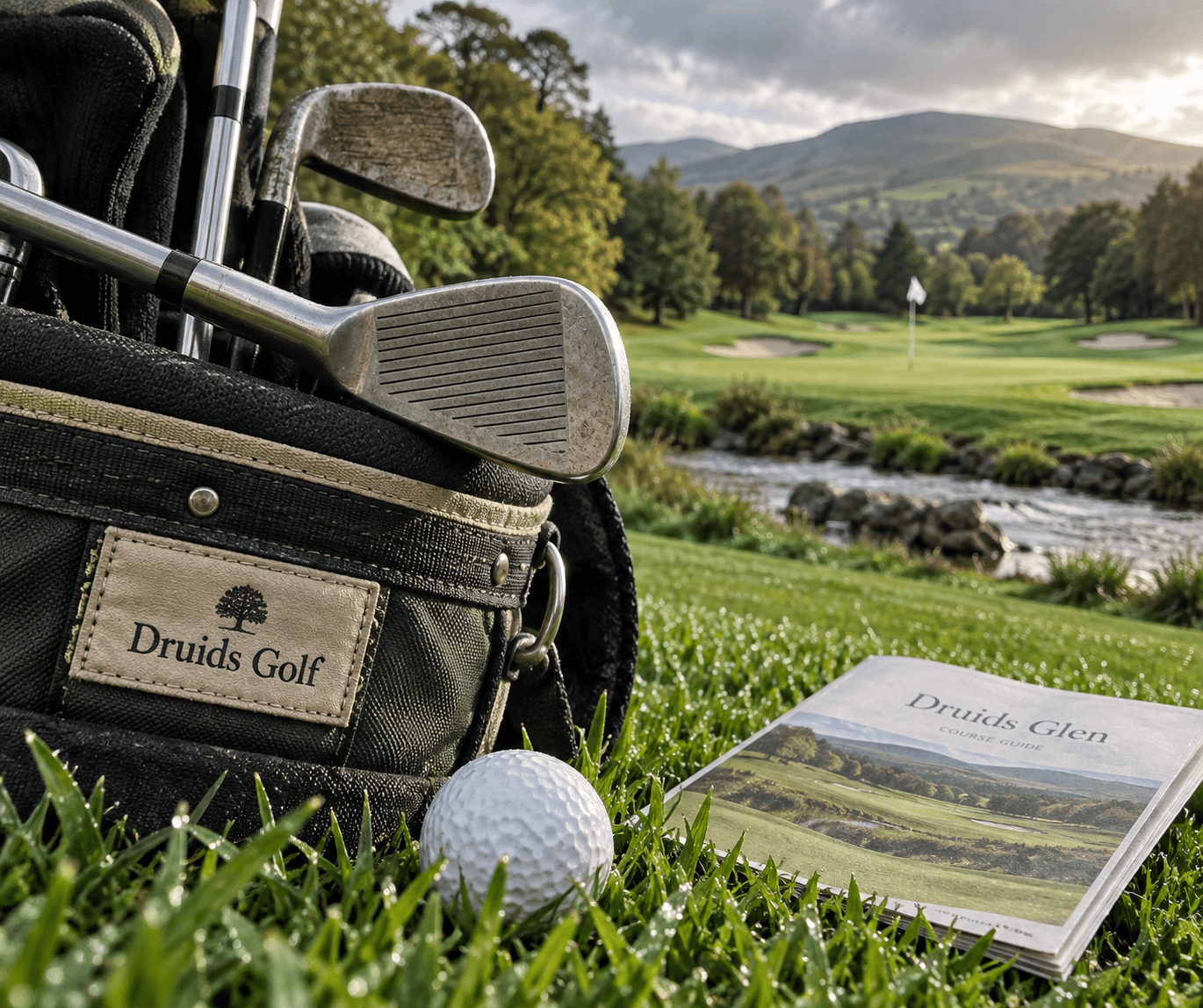 Druids Golf: Course Guide, Gear, and Brand History 1 A golf iron, ball, and Druids Golf bag rest in dew-bright grass beside a separate Druids Glen guide, with a green and hills beyond.