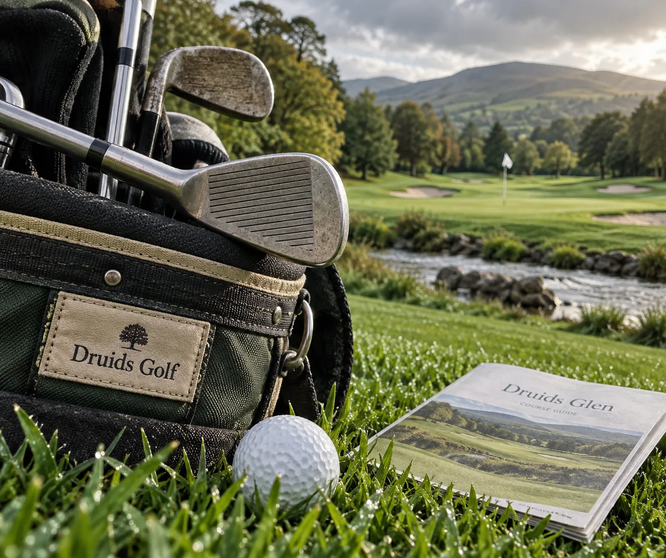 Druids Golf: Course Guide, Gear, and Brand History 2 A golf iron, ball, and Druids Golf bag rest in dew-bright grass beside a separate Druids Glen guide, with a green and hills beyond.