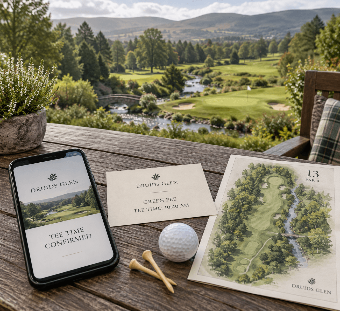 Druids golf booking items on a timber table: phone confirms a tee time beside a course map, ball, tees, and Wicklow hills.