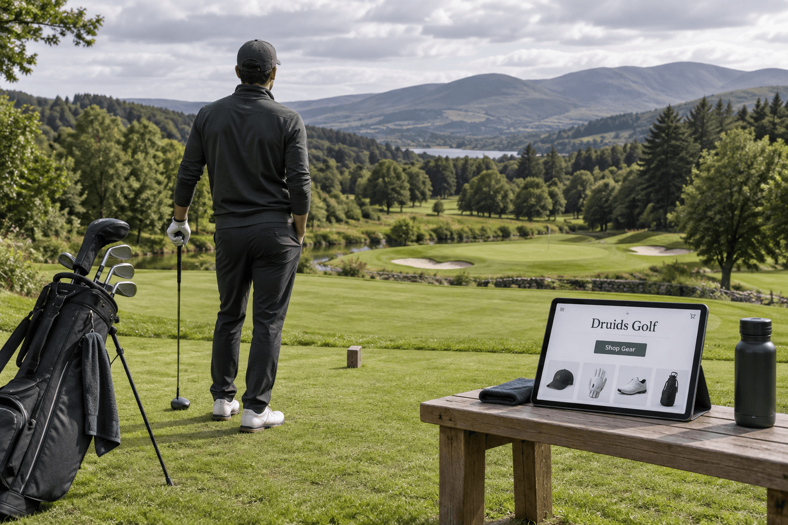 Beginner golfer beside clubs and a tablet showing a druids golf storefront, overlooking tree-lined fairways and distant hills.