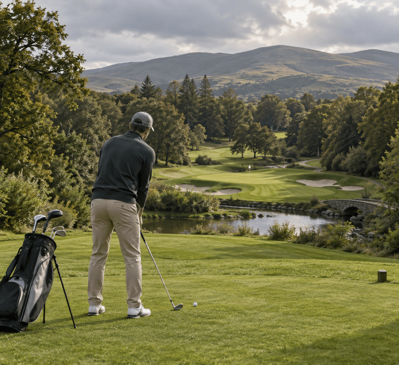 Beginner golfer with an affordable club set lines up a shot at Druids Glen, with bunkers, a stream, and Wicklow hills beyond; druids golf