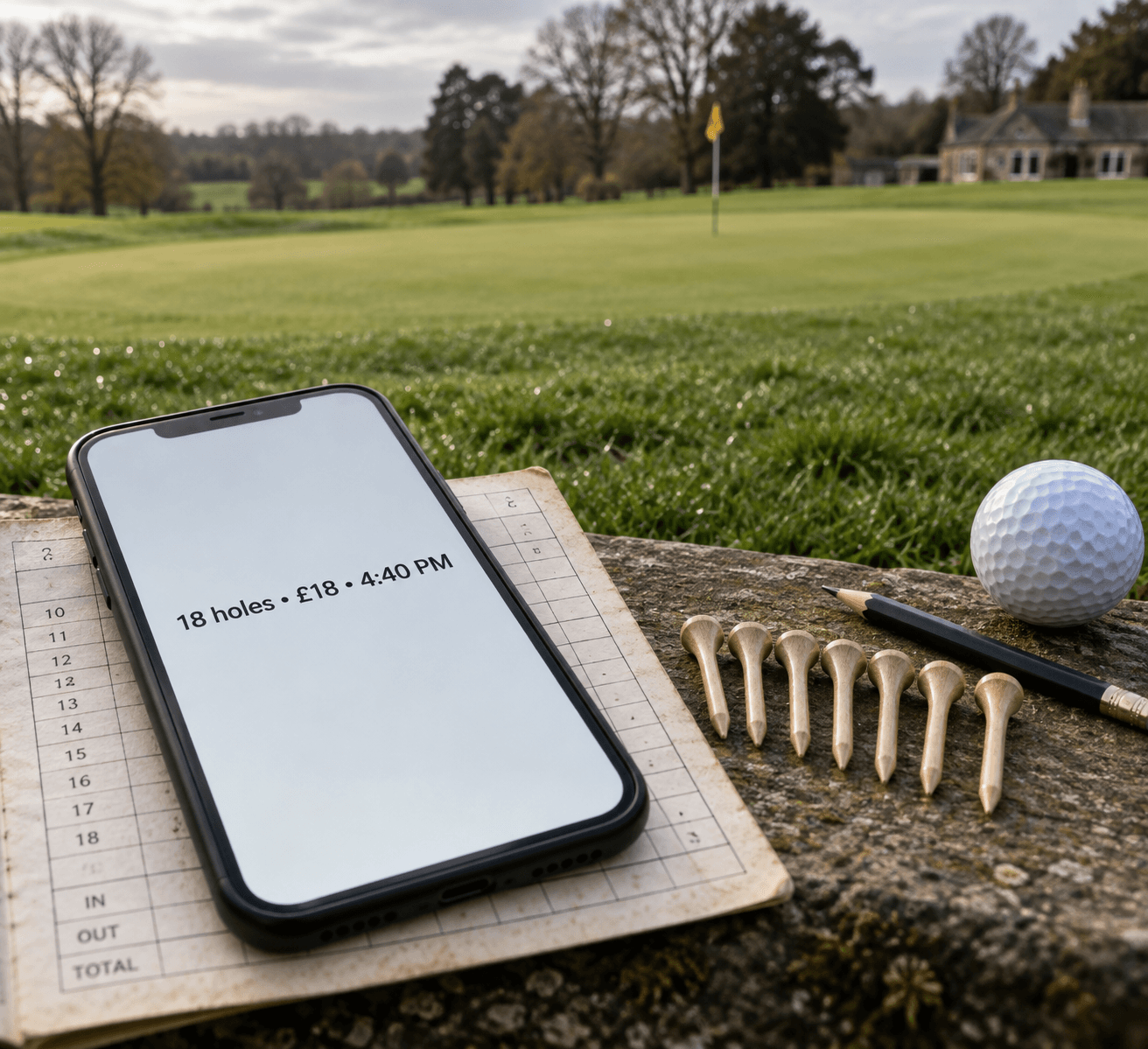 Affordable Golf: 7 Ways to Cut Costs 1 Phone showing an u00a318, 18-hole tee time rests on a scorecard beside seven tees and a golf ball on a greenu2014affordable golf.