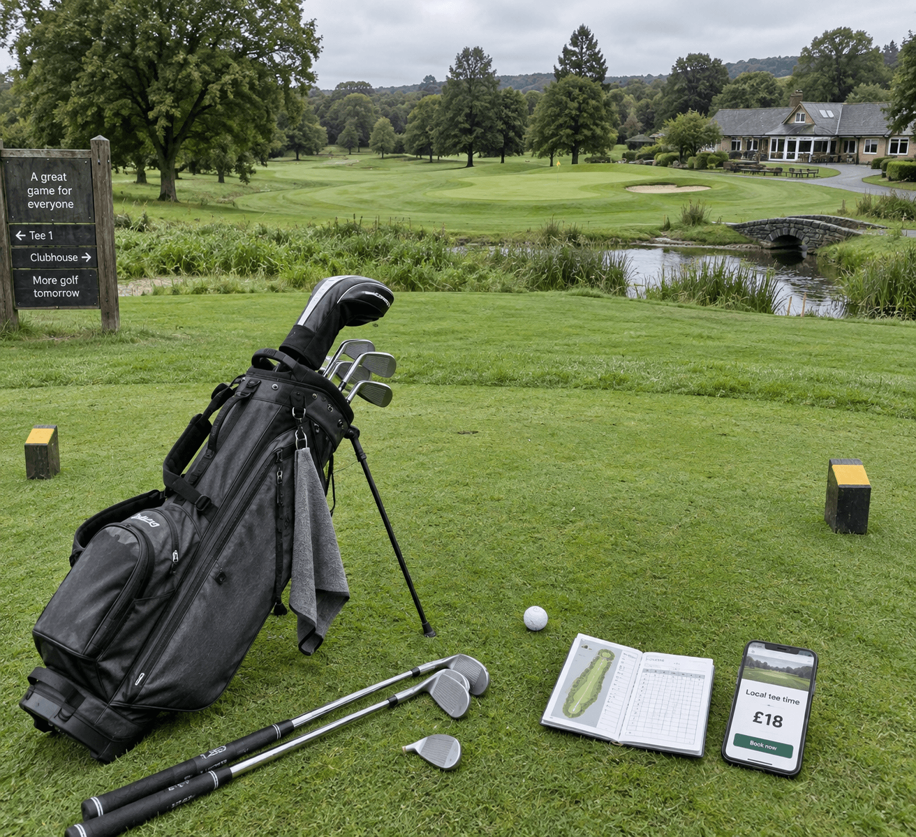 Affordable golf setup on a UK parkland course, with clubs, ball, scorecard, and tee-time phone beside the green and clubhouse.