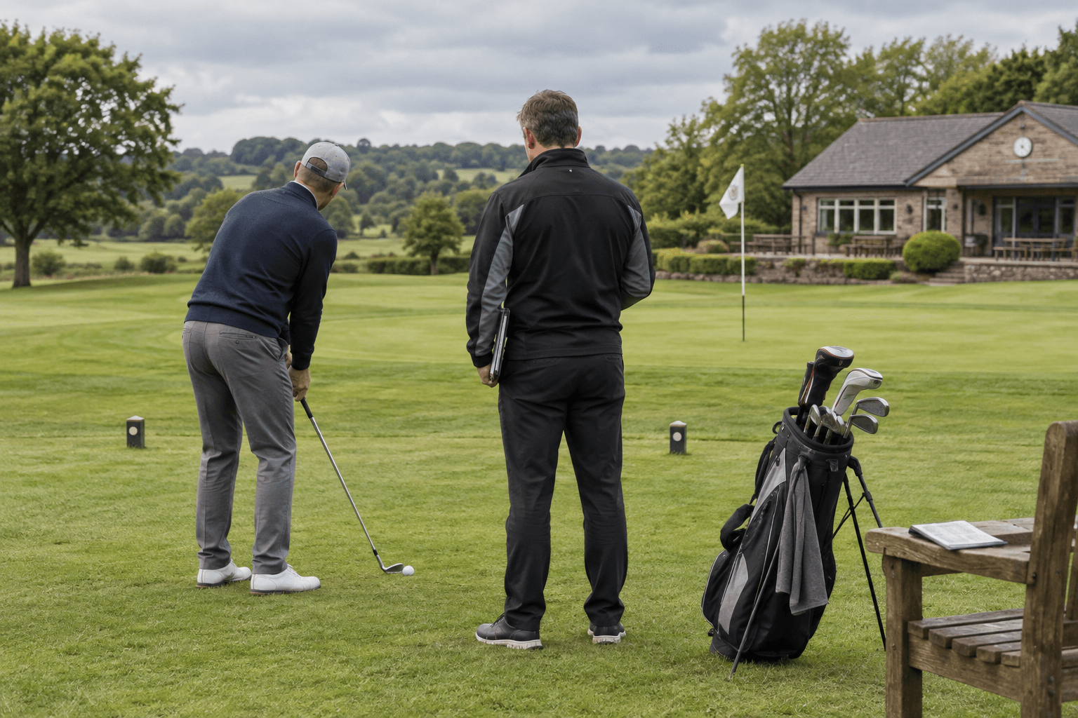 A golfer is fitted for a used iron beside an open golf bag on a green, with the clubhouse beyond—an affordable golf setup.