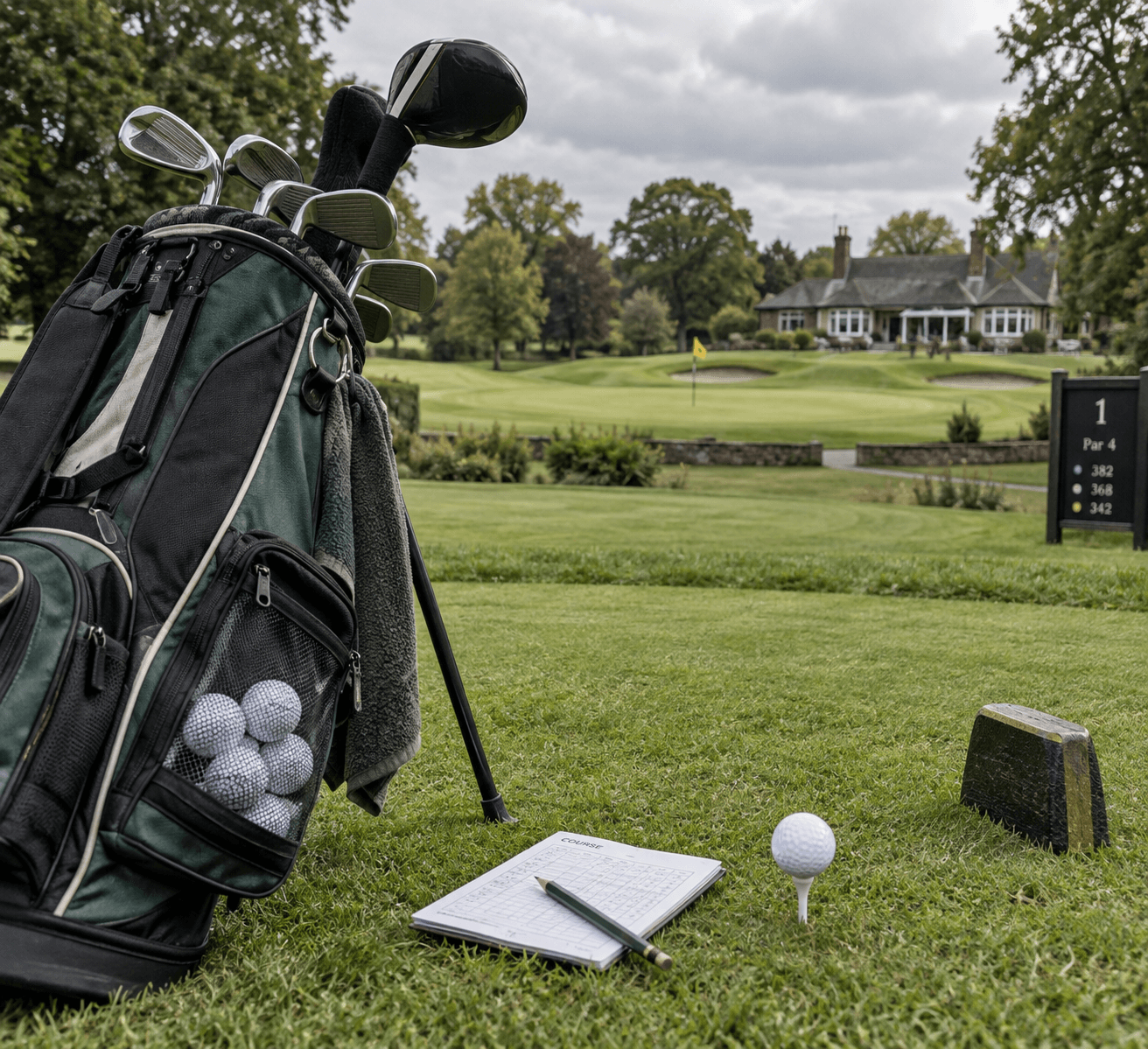 Golf bag with clean balls and tee beside a scorecard on a green course, suggesting affordable golf for an everyday round.
