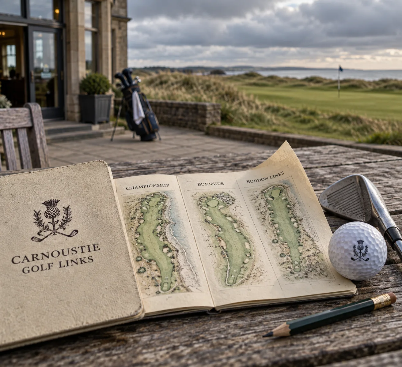 Yardage book, scorecard, golf ball, iron, and pencil on a Carnoustie clubhouse terrace table; carnoustie golf clubs for round preparation.