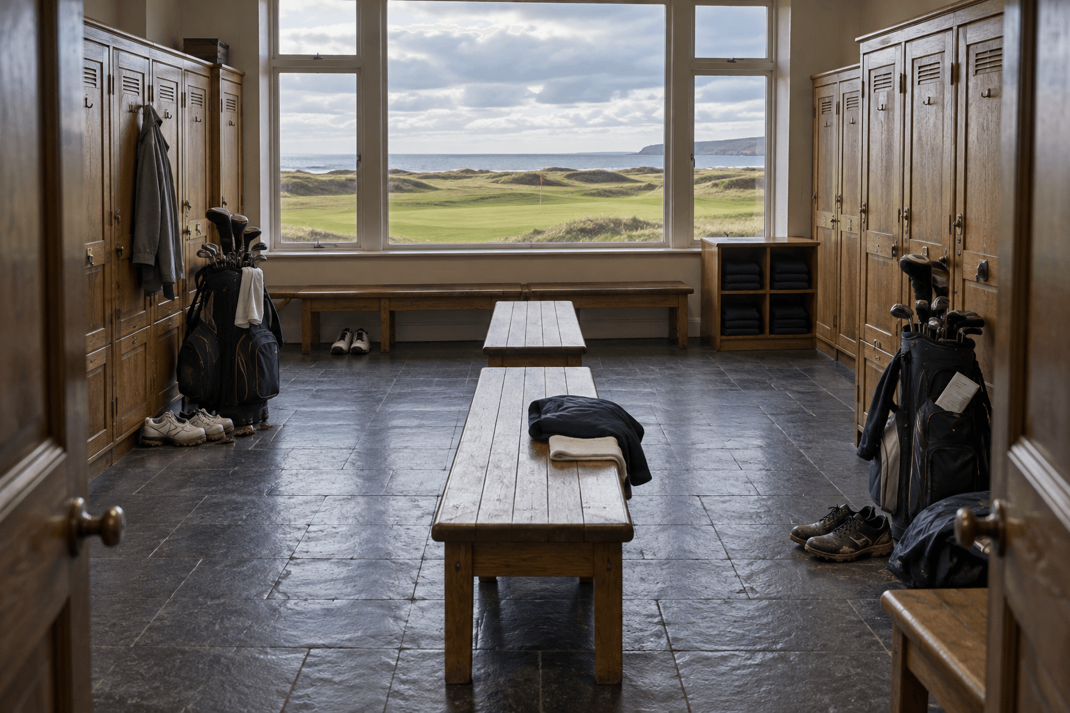 Carnoustie golf clubs and bags sit by timber benches in a quiet clubhouse changing room, with the links visible through broad windows.