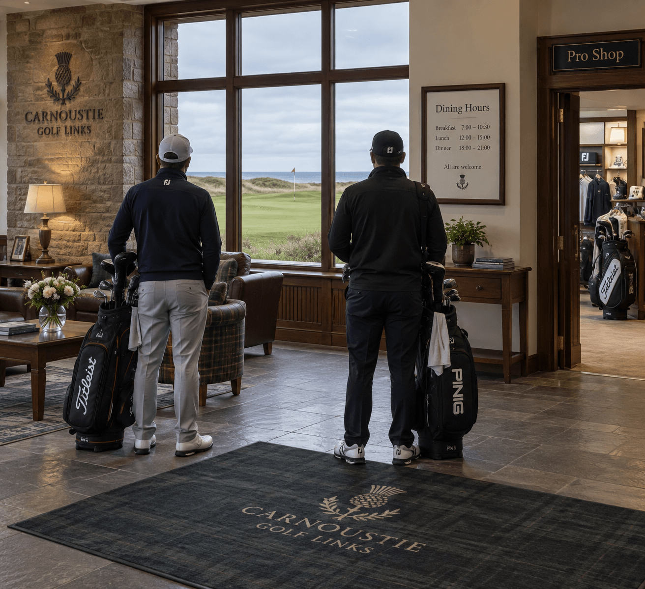 Golfers with carnoustie golf clubs stand in a stone clubhouse lobby, with a dining notice and links course visible through broad windows.