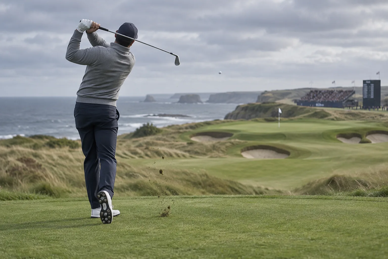 Stenson Golfer: Career, Major Wins, and Playing Style 2 stenson golfer in a balanced follow-through on a coastal links course, with the ball airborne, a flag, bunkers, and sea beyond.
