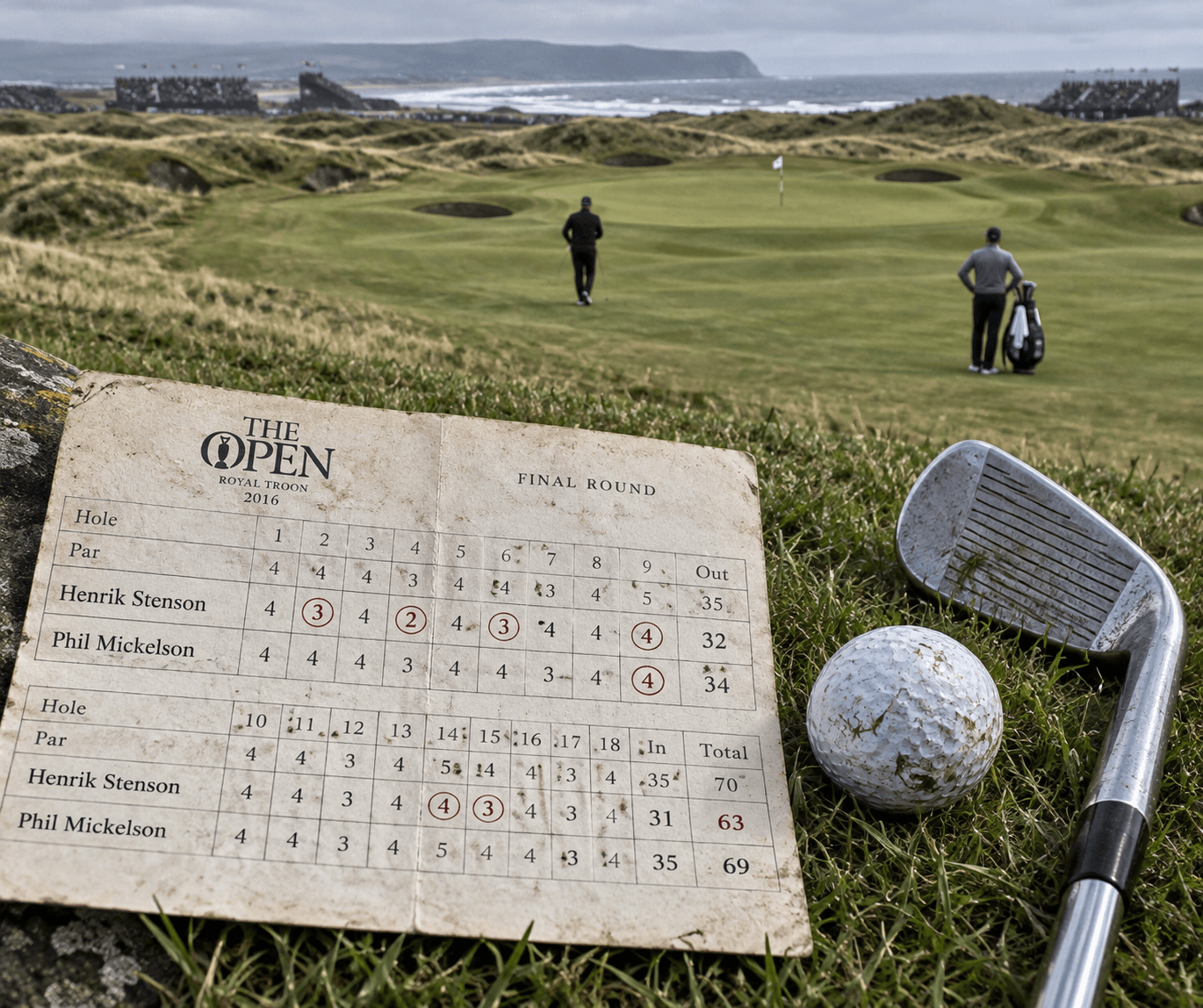 Weathered scorecard showing Stenson’s 63 beside a golf ball and iron, with two golfers on a coastal links course; stenson golfer at the Open.