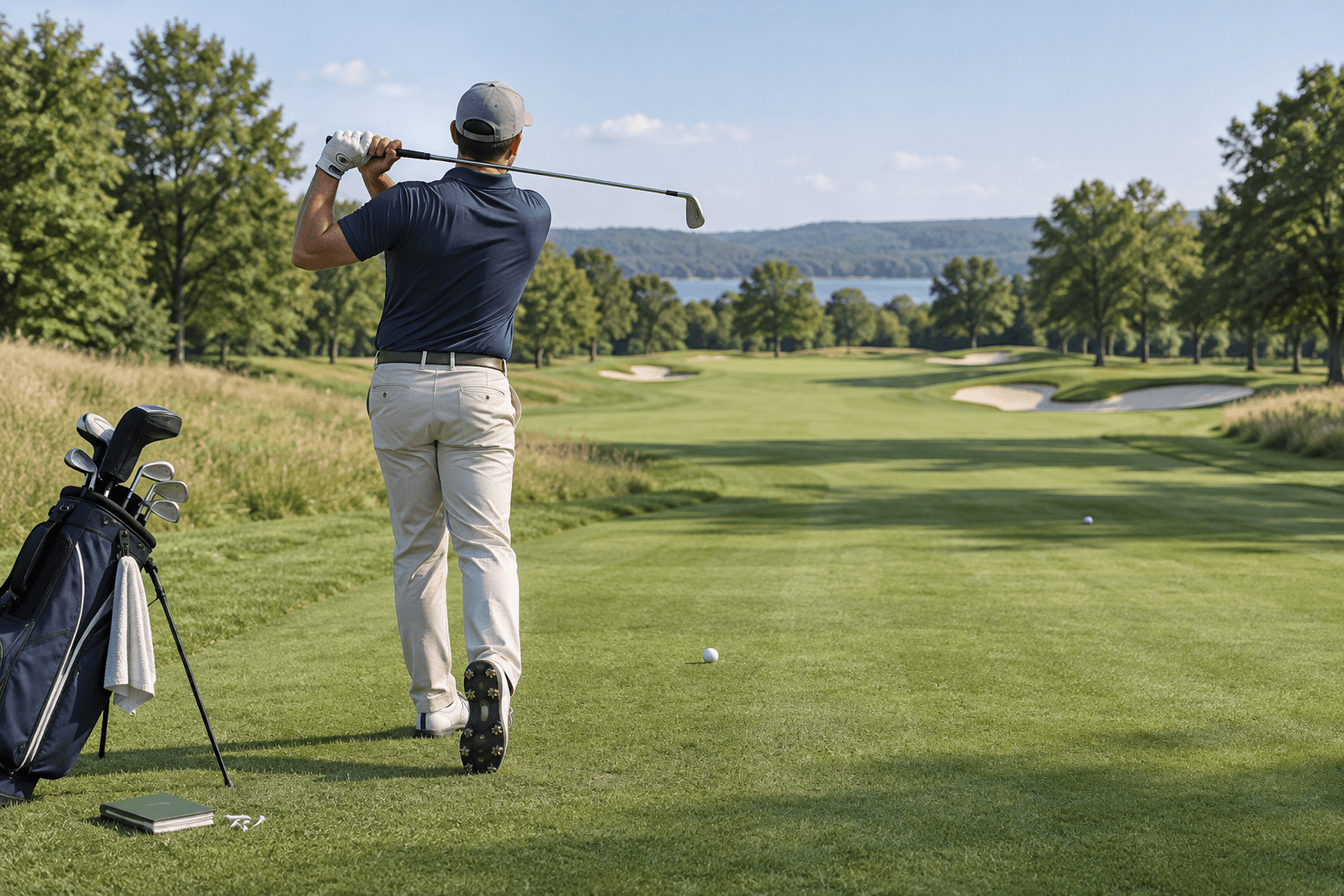 Stenson golfer stands in a balanced finish on a sunlit fairway, club across his shoulders, with golf balls and bag nearby.