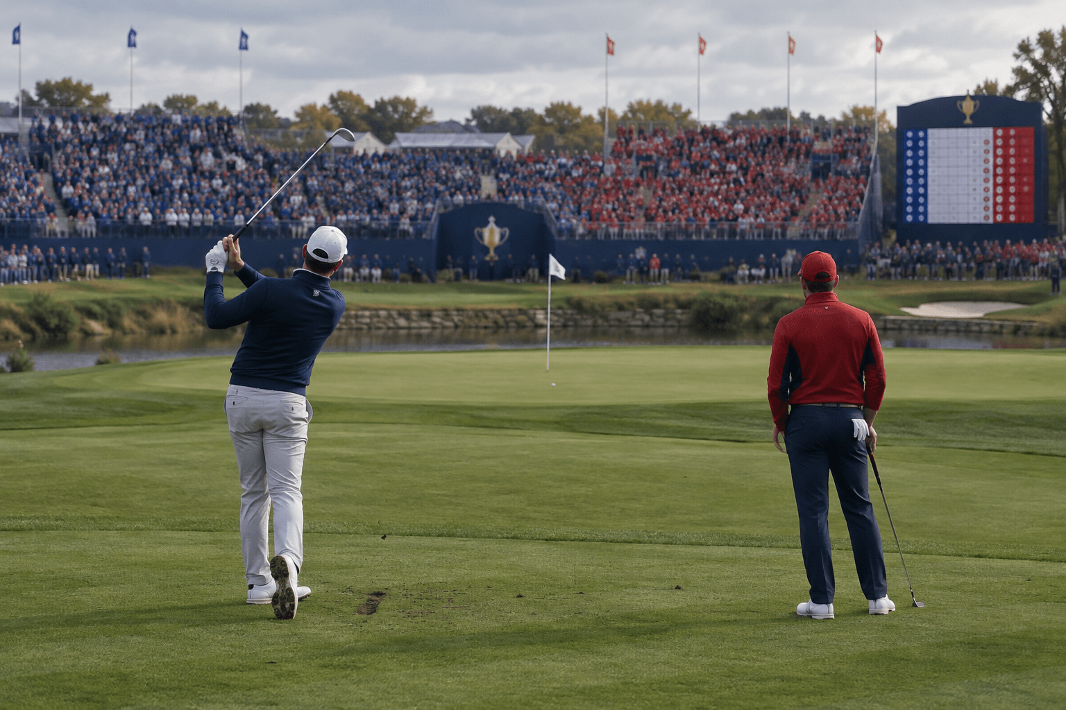 Stenson golfer and partner watch a ball near the flag on a Ryder Cup green, with a packed grandstand beyond.