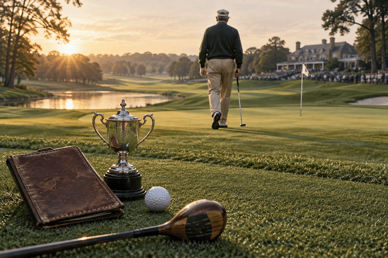 A lone golfer walks toward the 18th green at dawn, past a trophy, ball and scorecard holder; langer golf course in golden light.