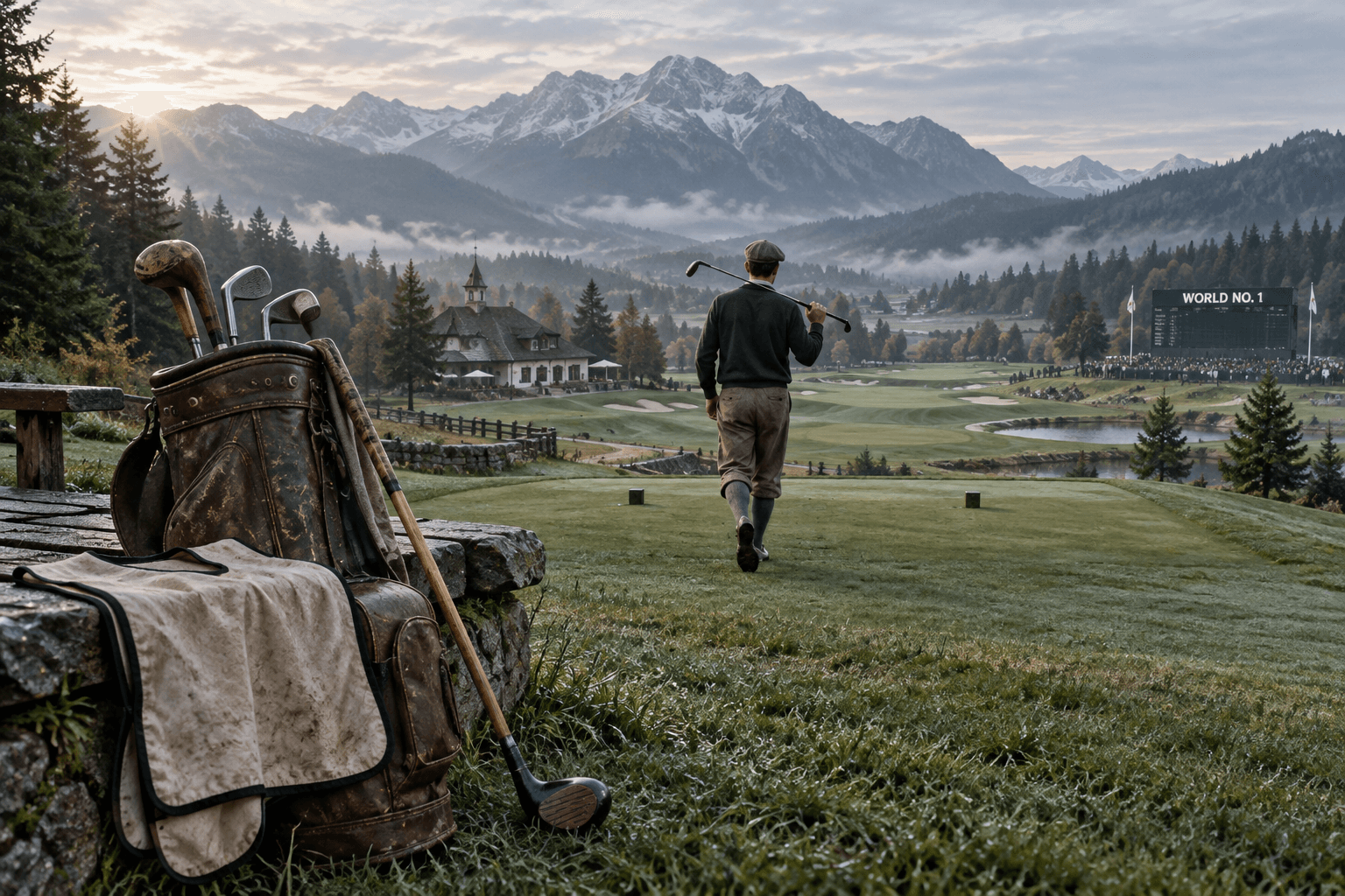 Worn bag and caddie bib frame a young golfer walking towards a misty Alpine course; langer golf rise to world No. 1 is evoked.