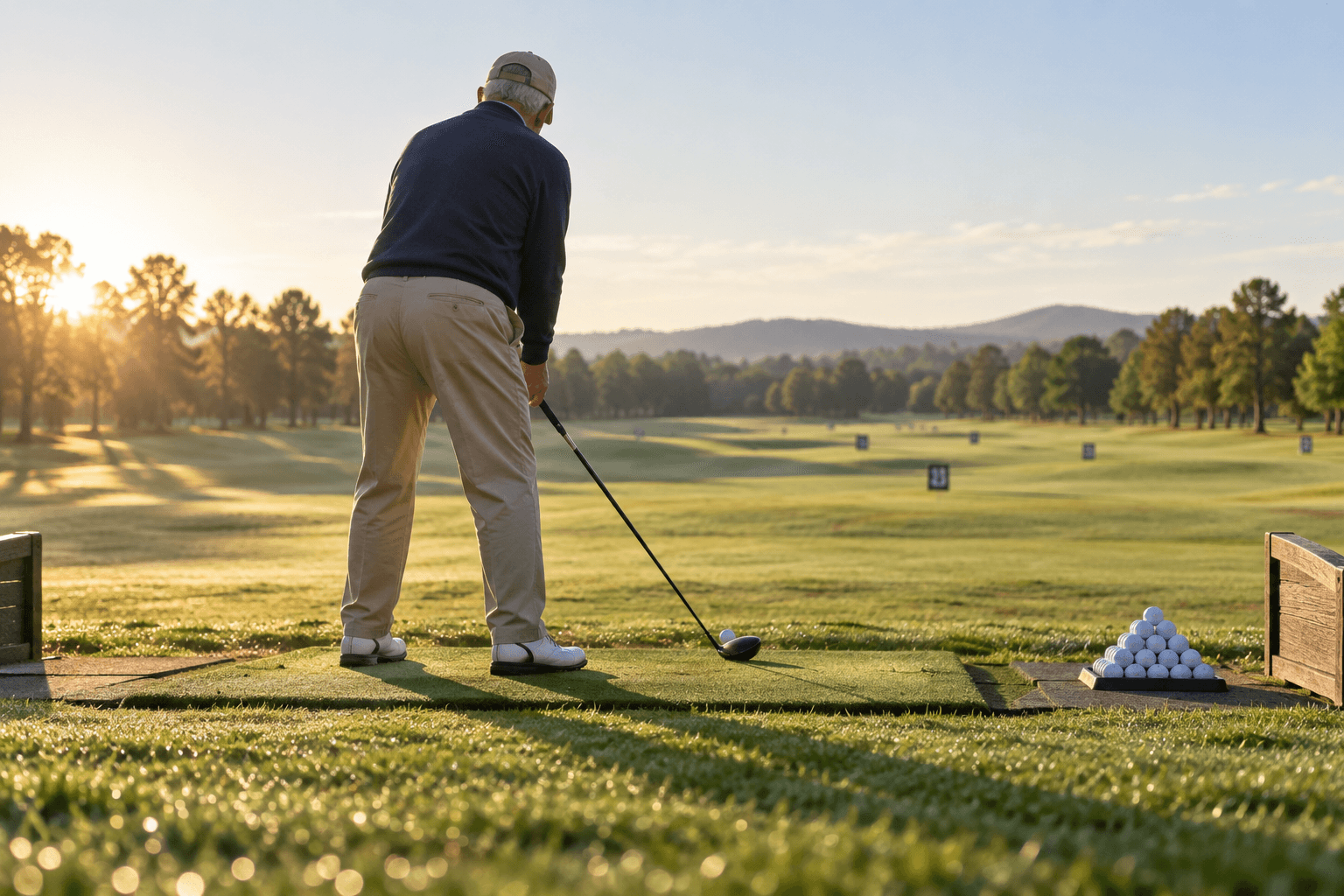 A golfer practises alone on a sunlit range, club poised behind the ball; a pyramid of balls sits nearby. langer golf practice at dawn.