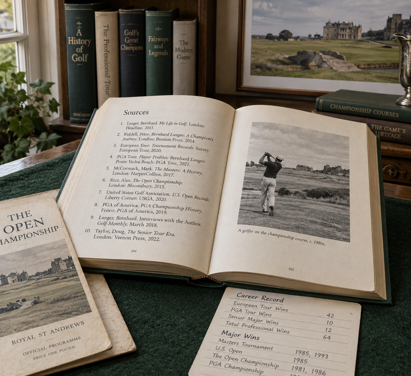 Archival golf citations beside a vintage programme and scorecard, with a course photograph and history books; langer golf references.