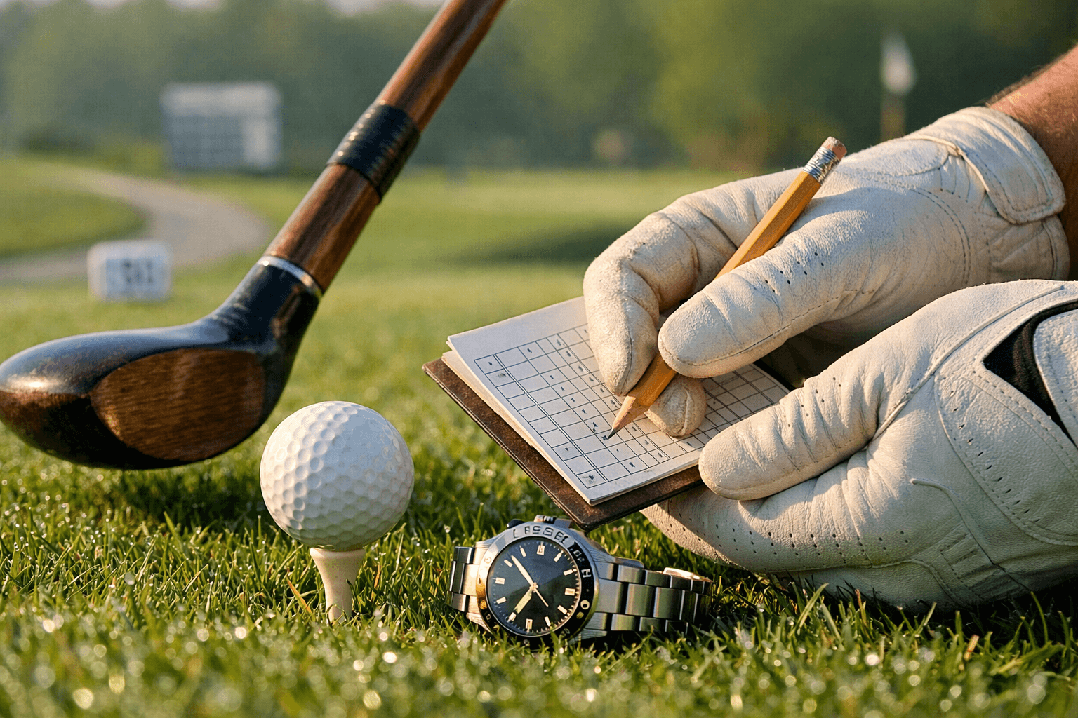 Gloved hands, scorecard, tee, golf ball, and club on a sunny tee box illustrating golf terms.