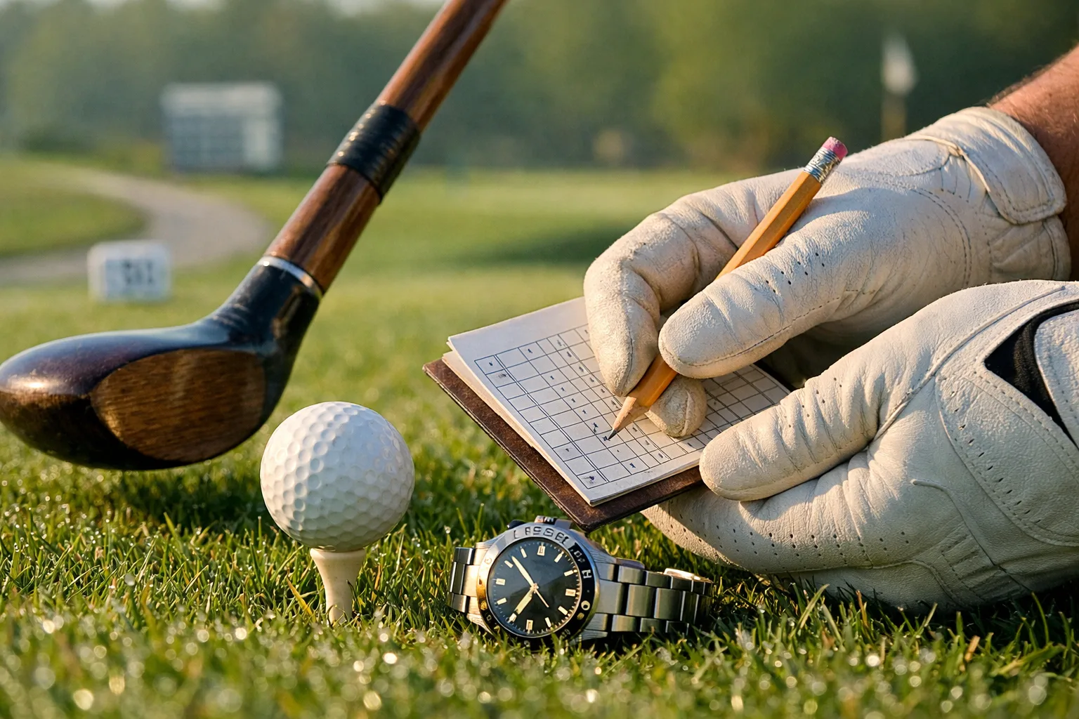Gloved hands, scorecard, tee, golf ball, and club on a sunny tee box illustrating golf terms.