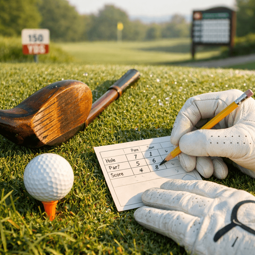 Gloved golfer's hands, scorecard, pencil, ball and tee on grass, with golf terms noted
