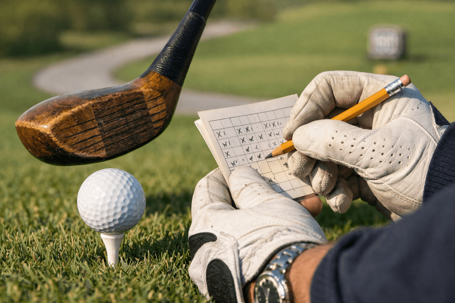 Golfer’s gloved hands, club, scorecard, pencil, and tee ball on green grass, with golf terms notes.