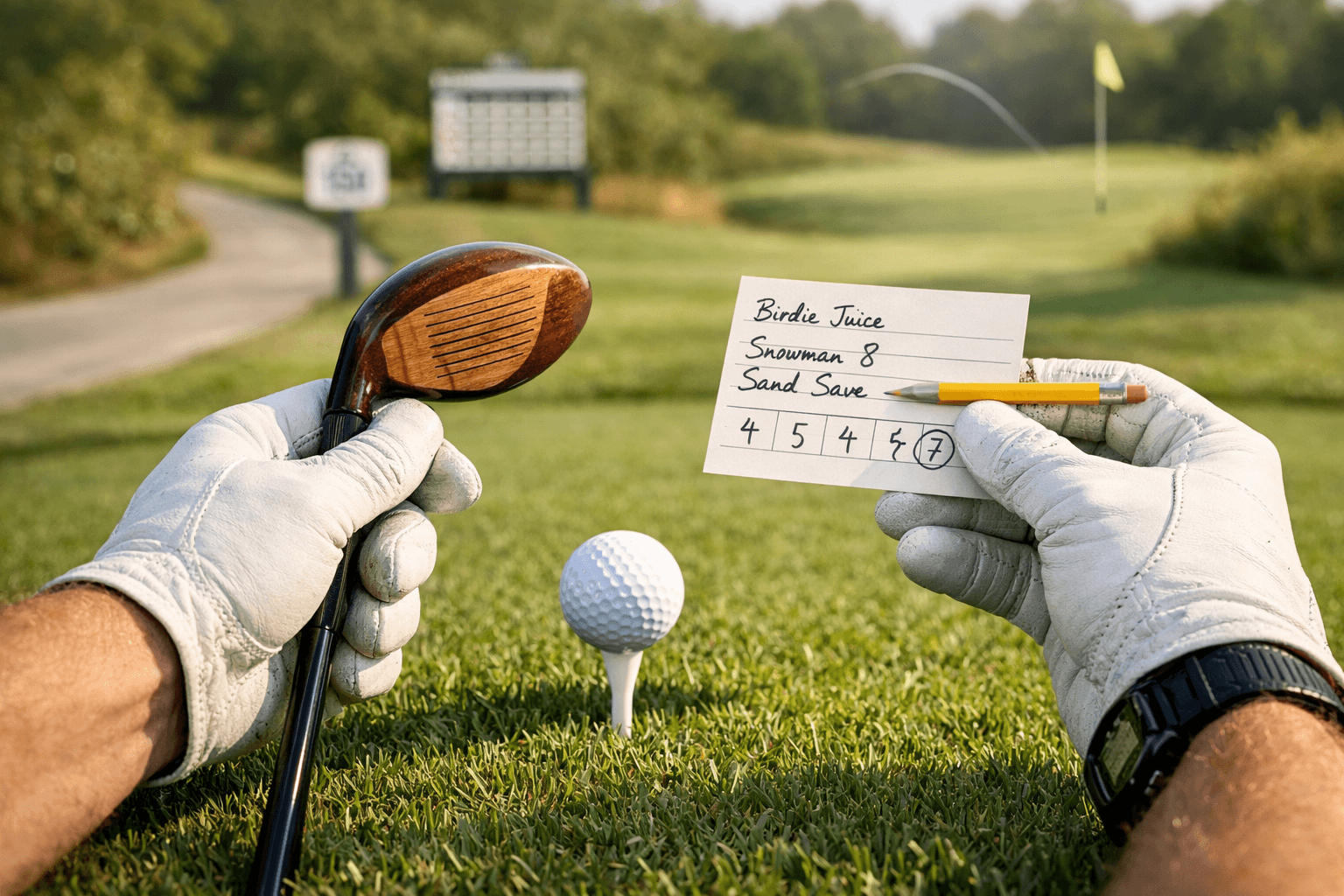 Gloved golfer hands hold a wooden club and scorecard beside a tee ball, with golf terms notes visible