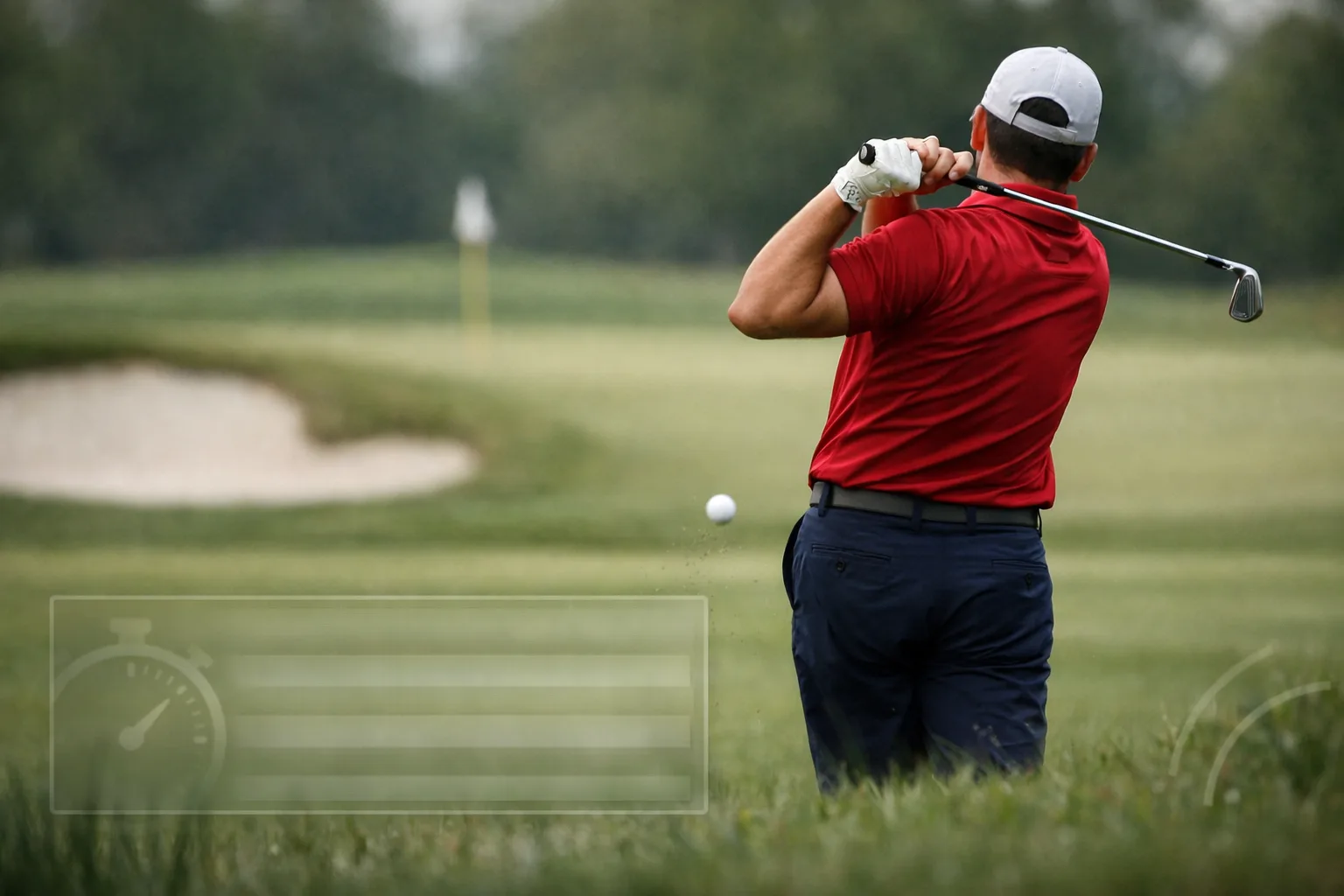 golfer justin rose follows through on a short-iron shot near a green, with bunker and flagstick.