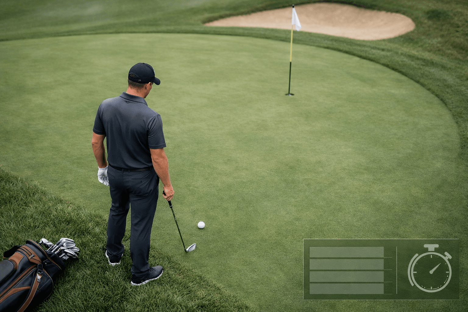 Golfer Justin Rose viewed from above beside a ball and iron on a green near rough, bunker, and flagstick.