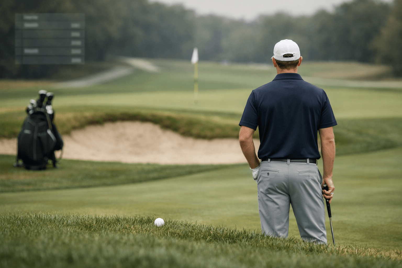 golfer justin rose from behind studying a fairway approach shot near bunker and green