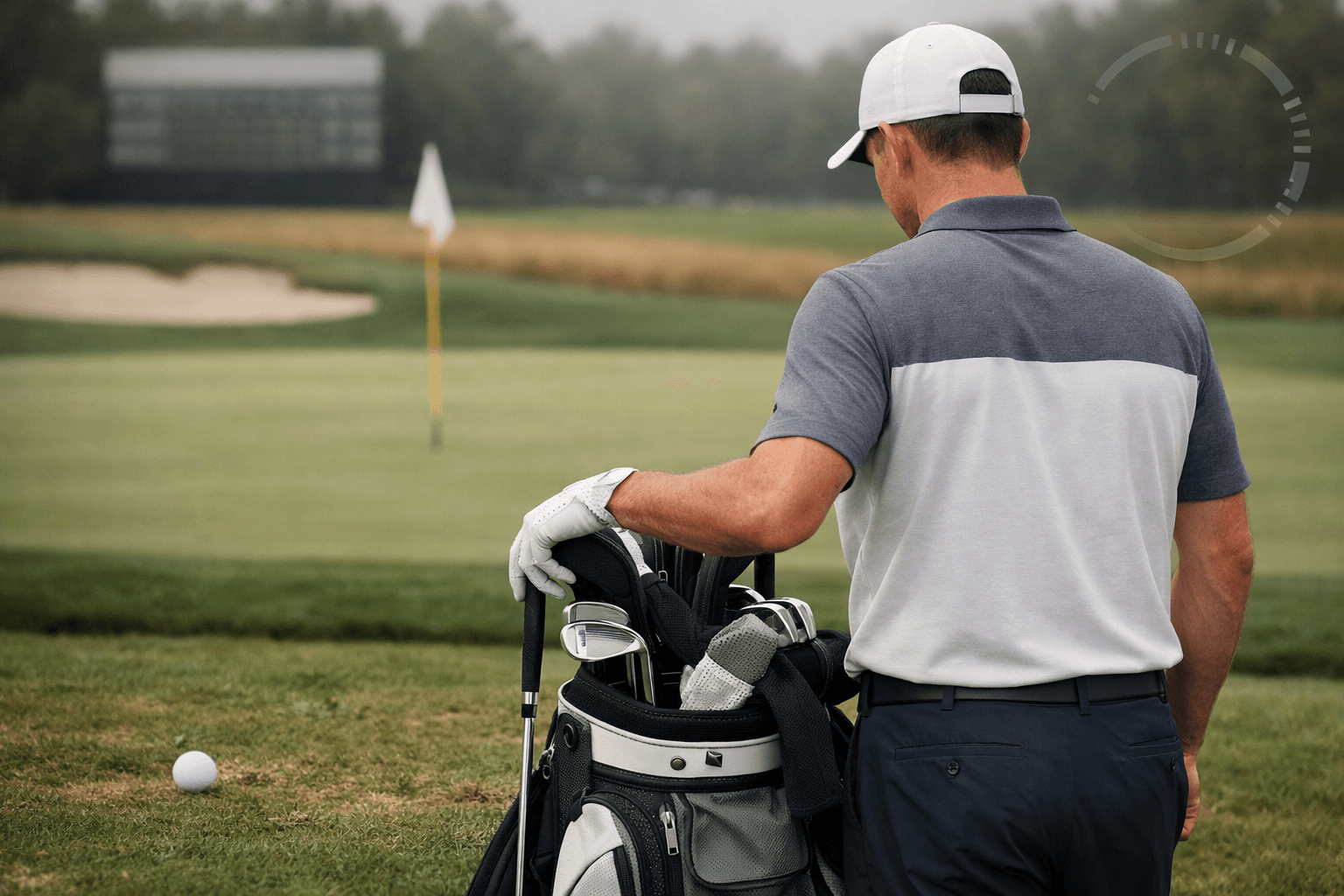 golfer Justin Rose from behind on a golf green, adjusting clubs beside his bag under overcast light
