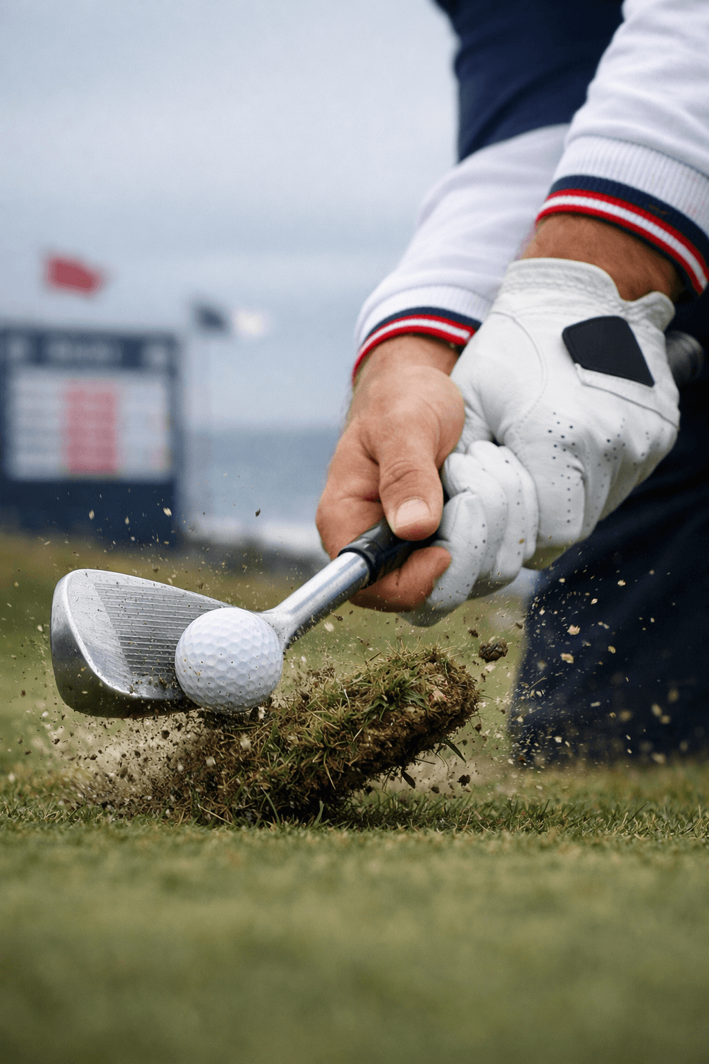 Tommy Fleetwood Golfer: Exploring His Career Journey 1 tommy fleetwood golfer’s gloved hands strike a golf ball, tearing turf on a windy links course