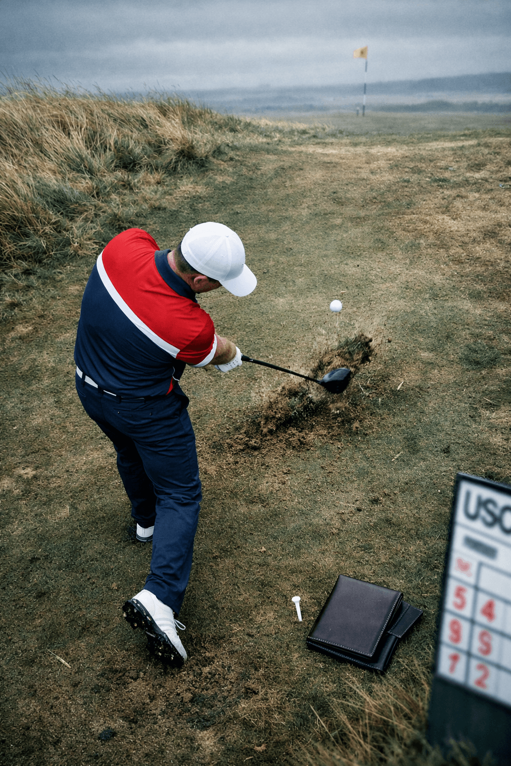 tommy fleetwood golfer overhead mid-swing on a links fairway, ball lifting and divot flying