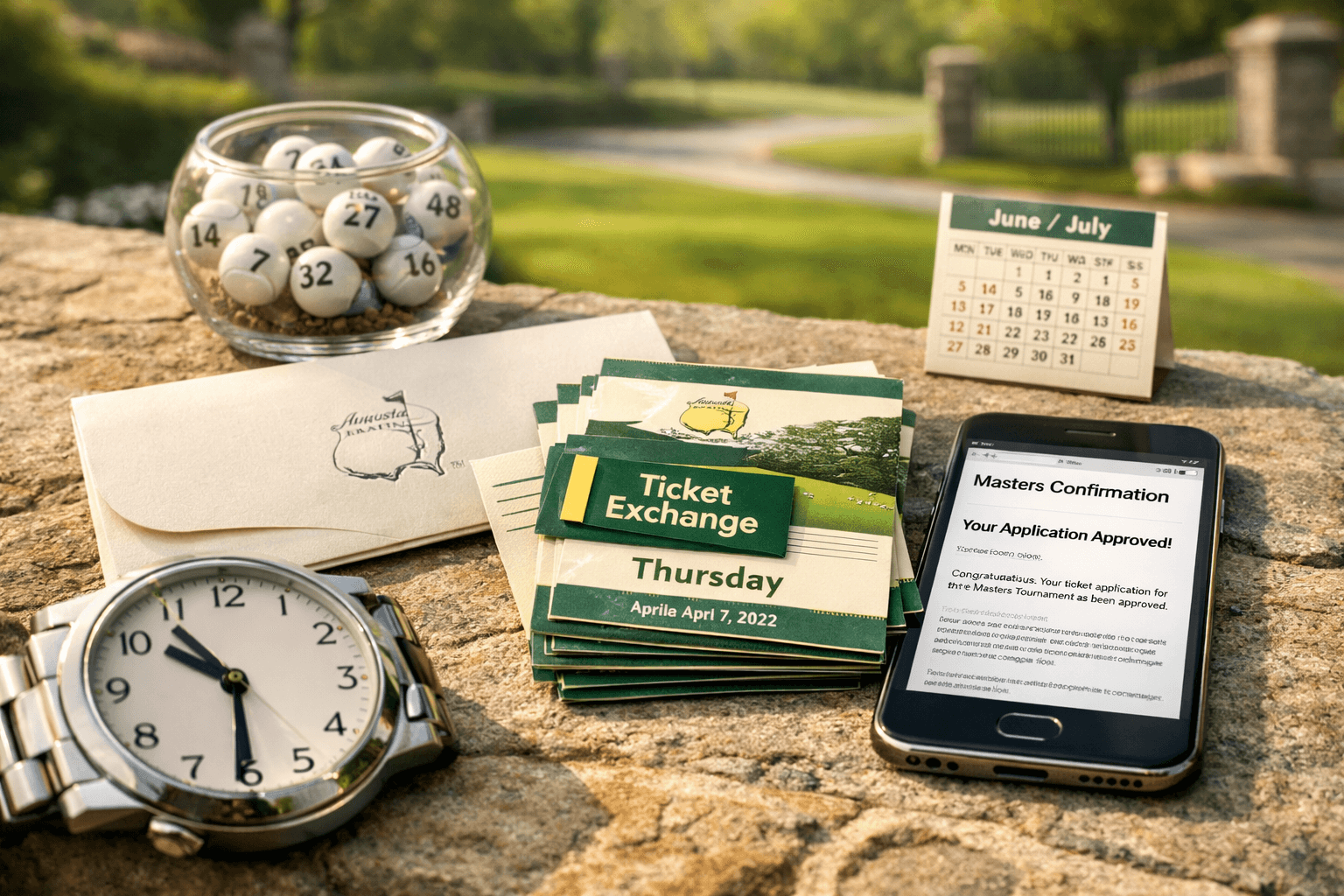 Masters tournament tickets, confirmation email, wristwatch, and lottery slips on a stone ledge