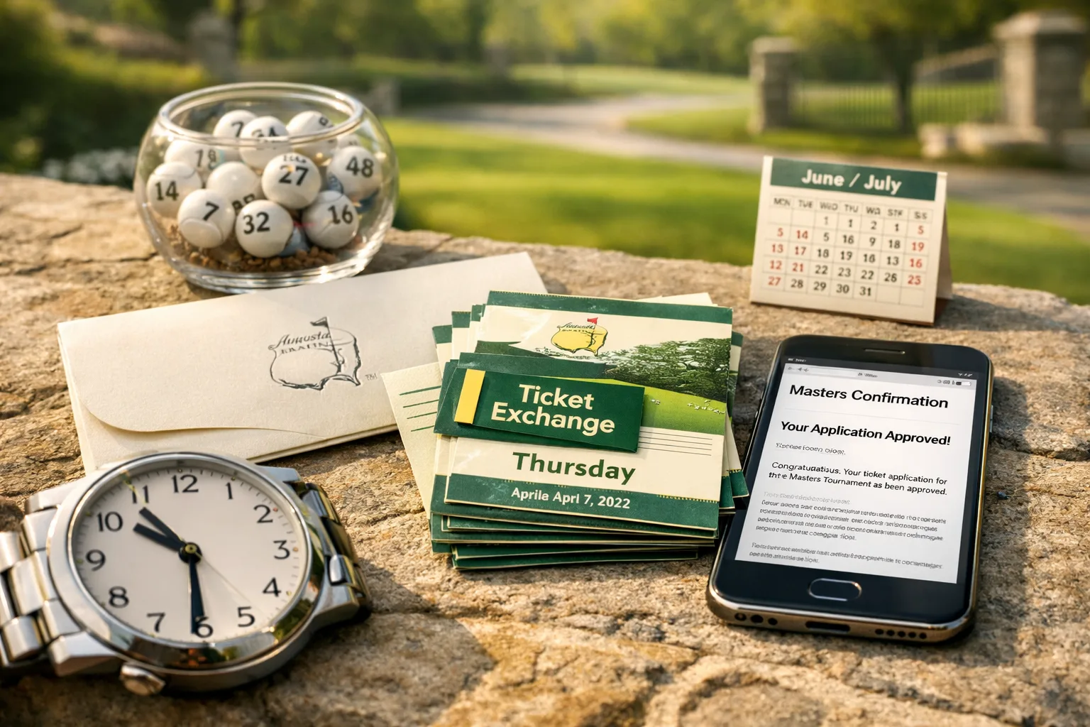 Masters tournament tickets, confirmation email, wristwatch, and lottery slips on a stone ledge