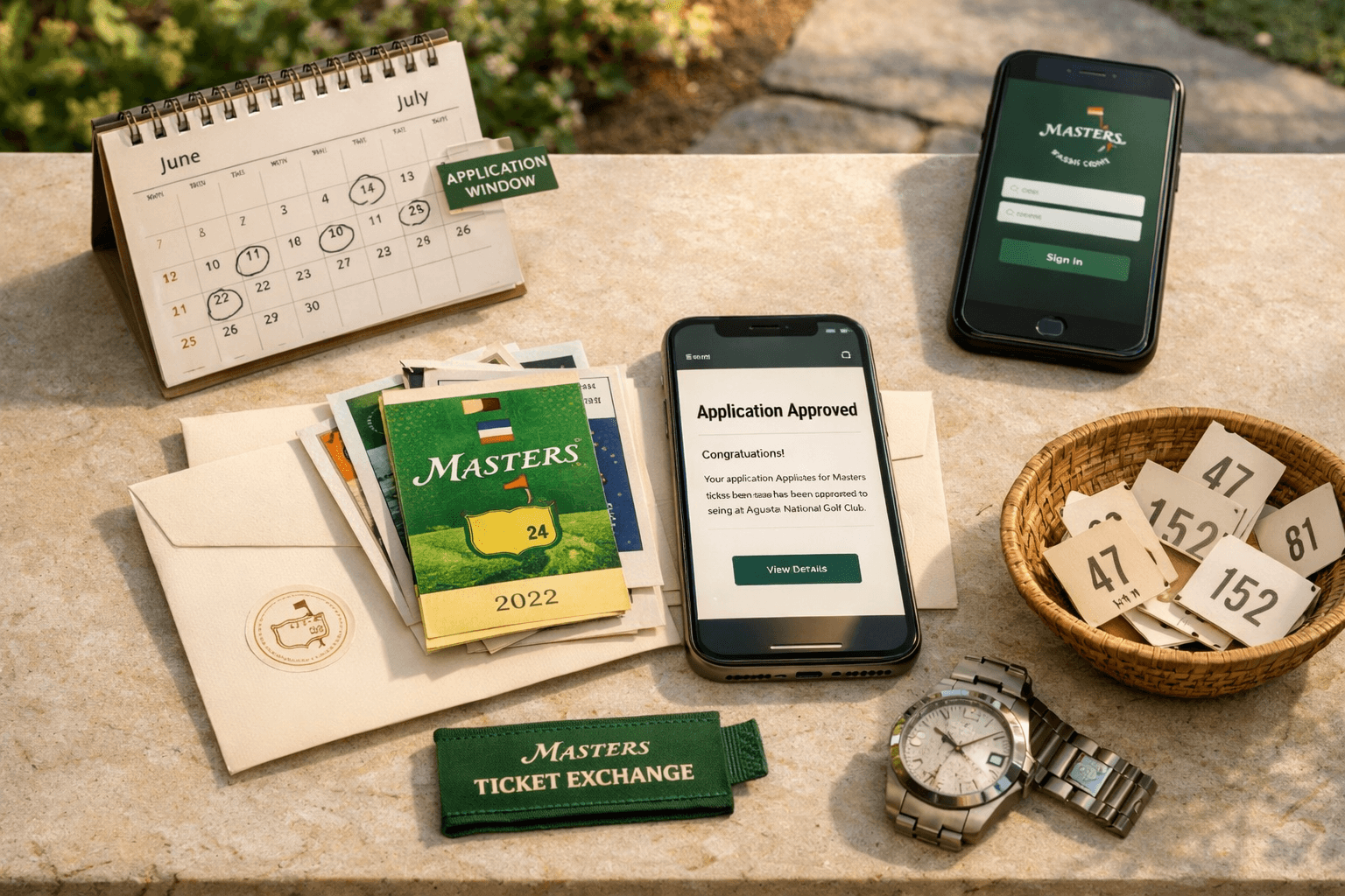 Flat lay of masters tournament tickets, envelope, phone confirmation, calendar, and lottery slips on stone