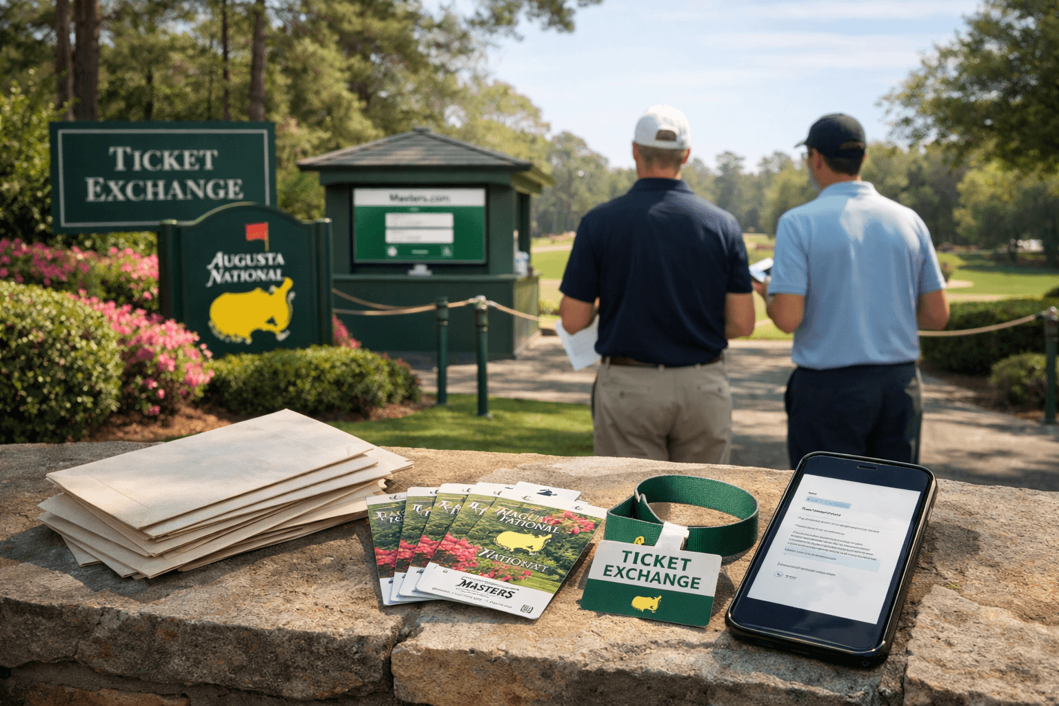 At Augusta National, fans check masters tournament tickets by the Ticket Exchange sign
