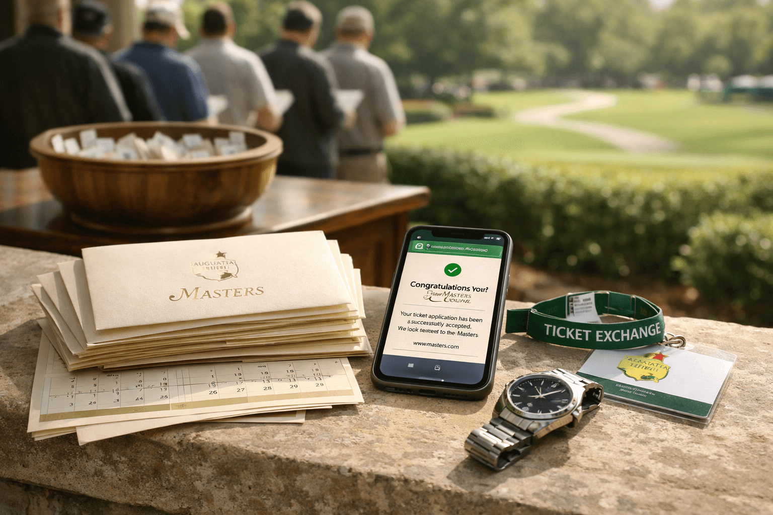 masters tournament tickets on a ledge with envelopes, phone, calendar, and lottery bowl at Augusta entrance.