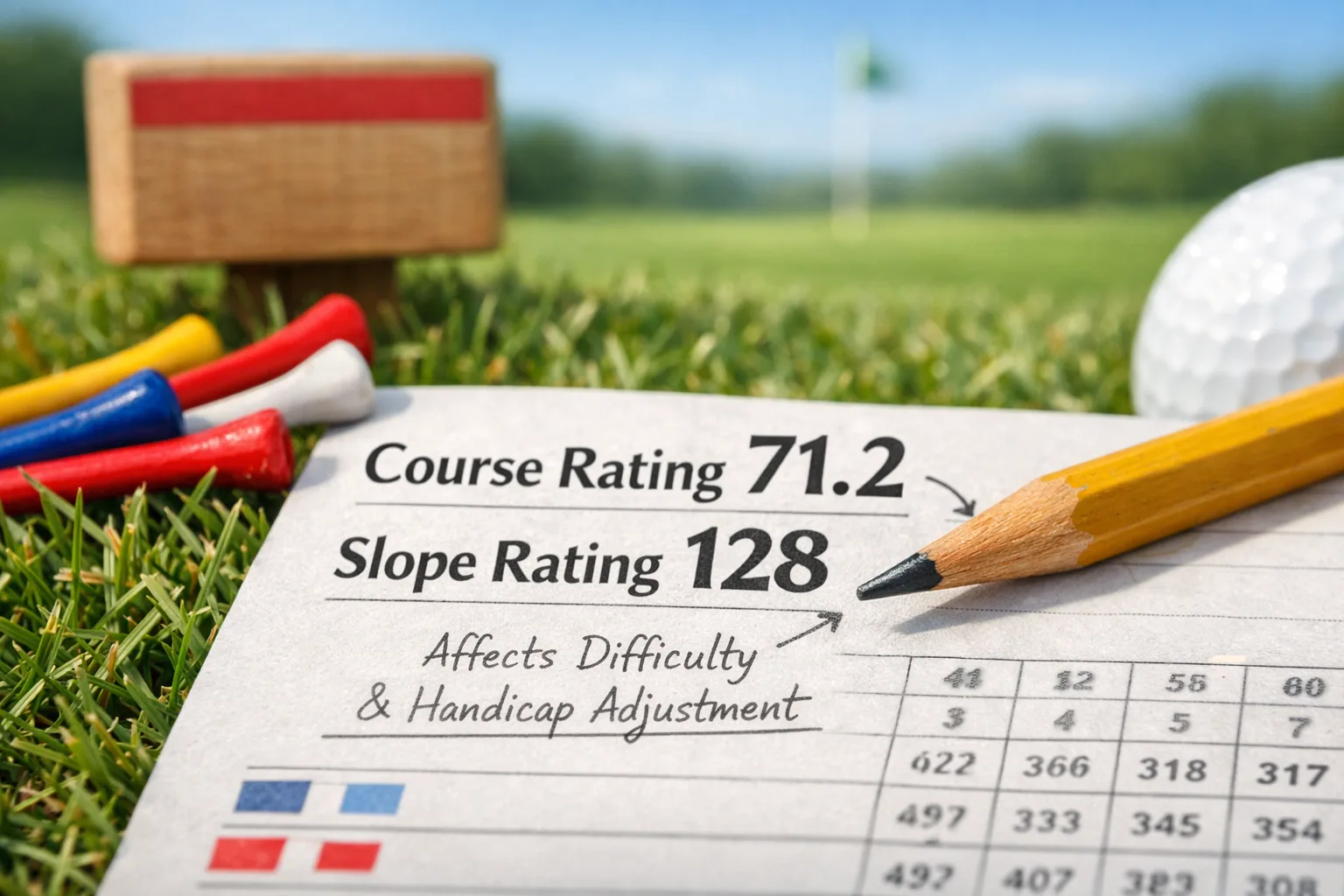 Golf scorecard on grass with tees, pencil and ball; Course Rating 71.2, Slope 128, what is golf slope and rating