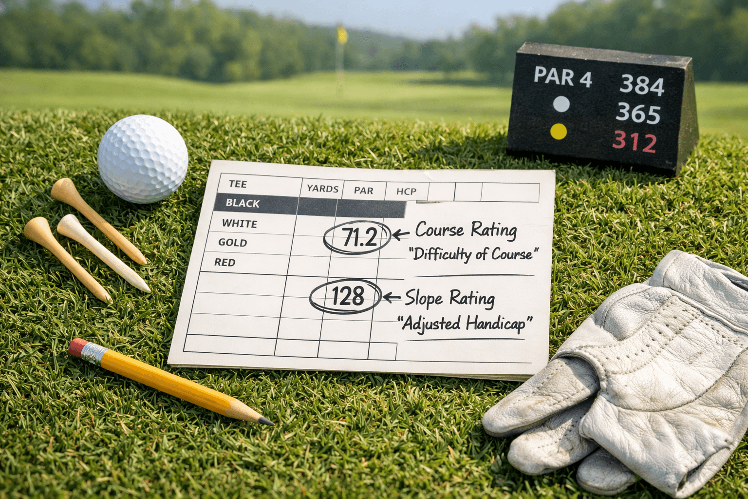 Golf scorecard with tees, ball, pencil and glove on grass, highlighting what is golf slope and rating.