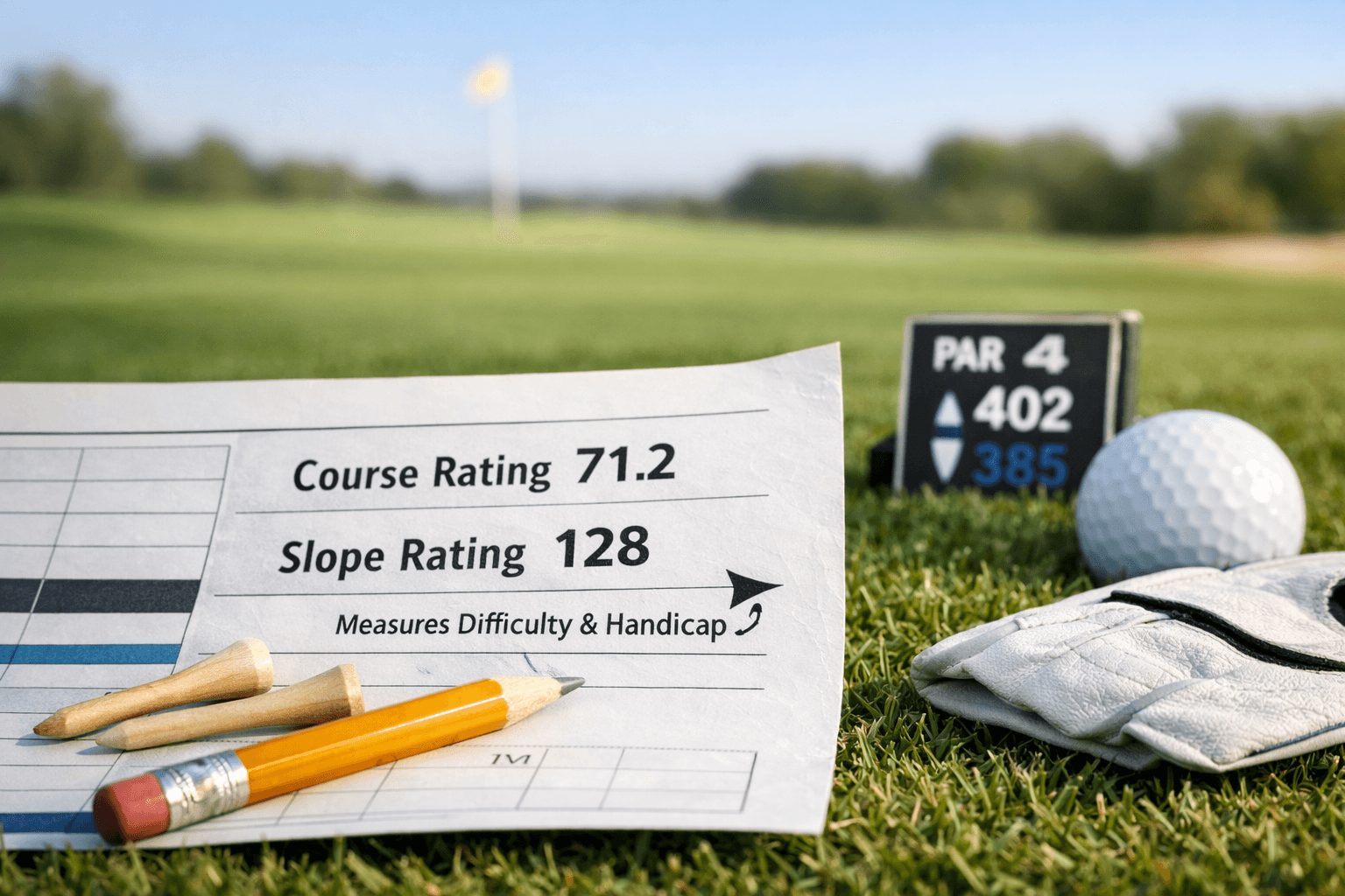 Golf scorecard beside tees, pencil, ball, and glove; Course Rating 71.2, Slope Rating 128—what is golf slope and rating
