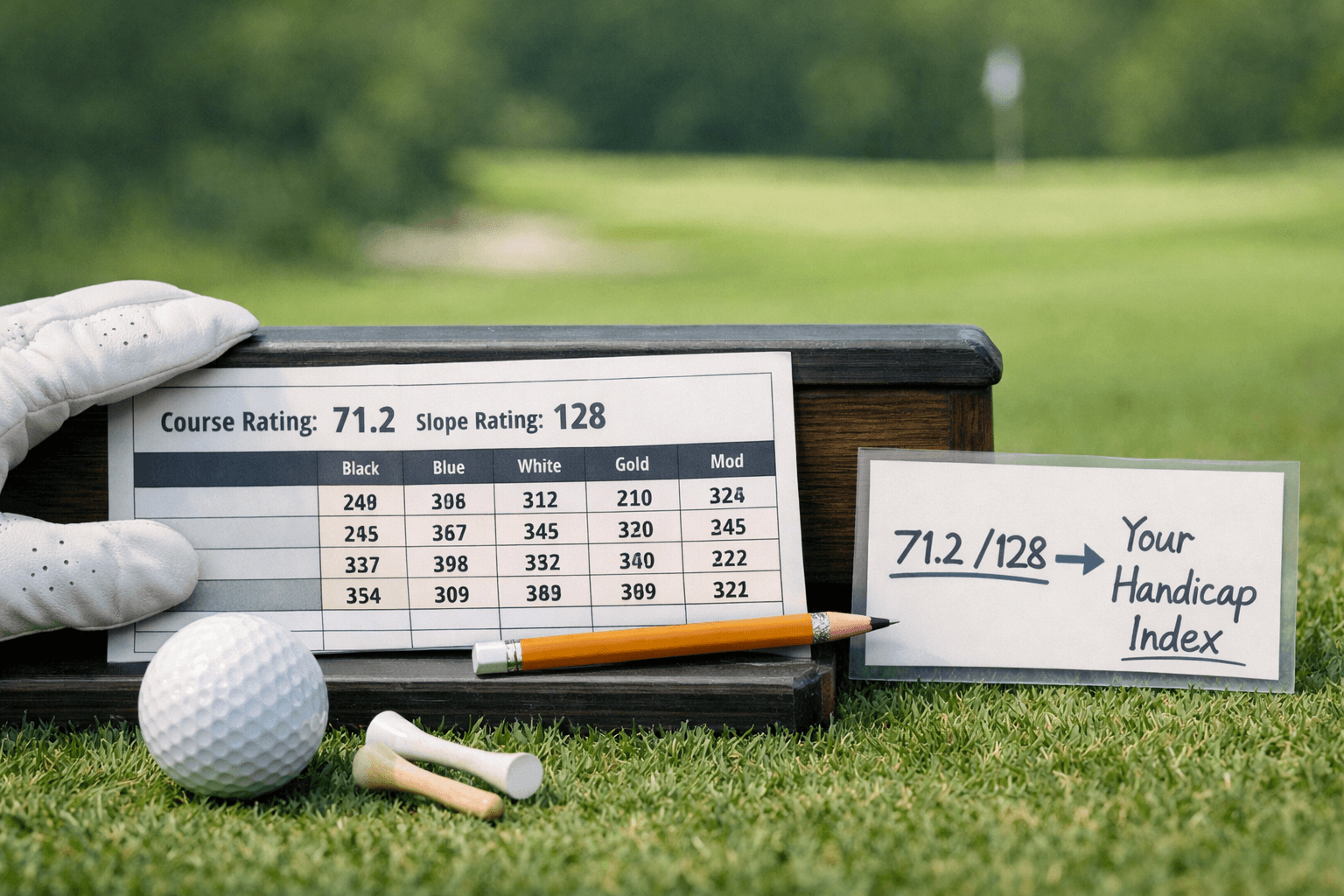 Scorecard on tee marker with golf ball and tees; note explains what is golf slope and rating