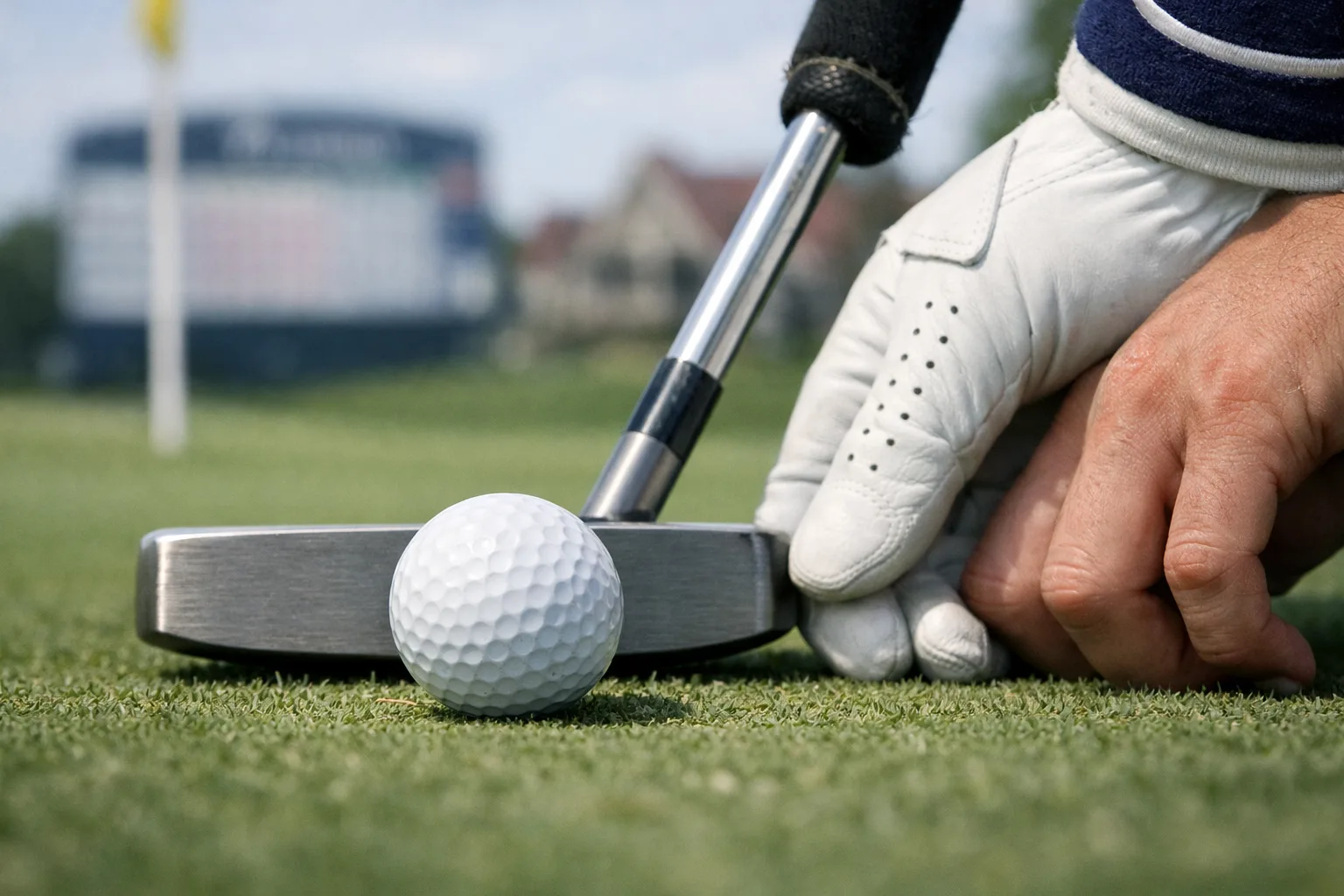 Golfer Keegan Bradley lines up a putt with a long putter beside a white ball on the green.