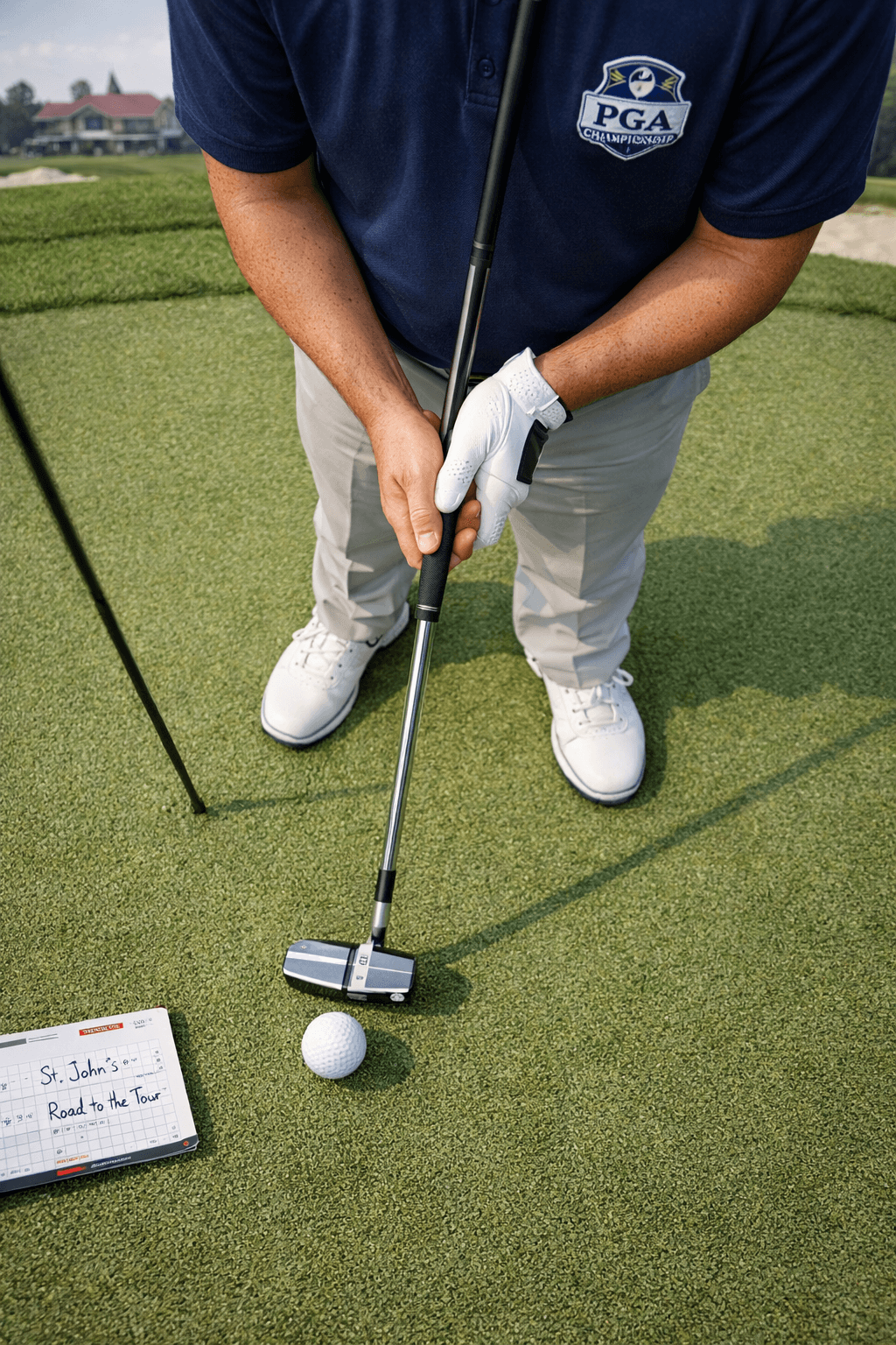 Overhead view of golfer keegan bradley lining up a putt on a tournament green with putter and ball