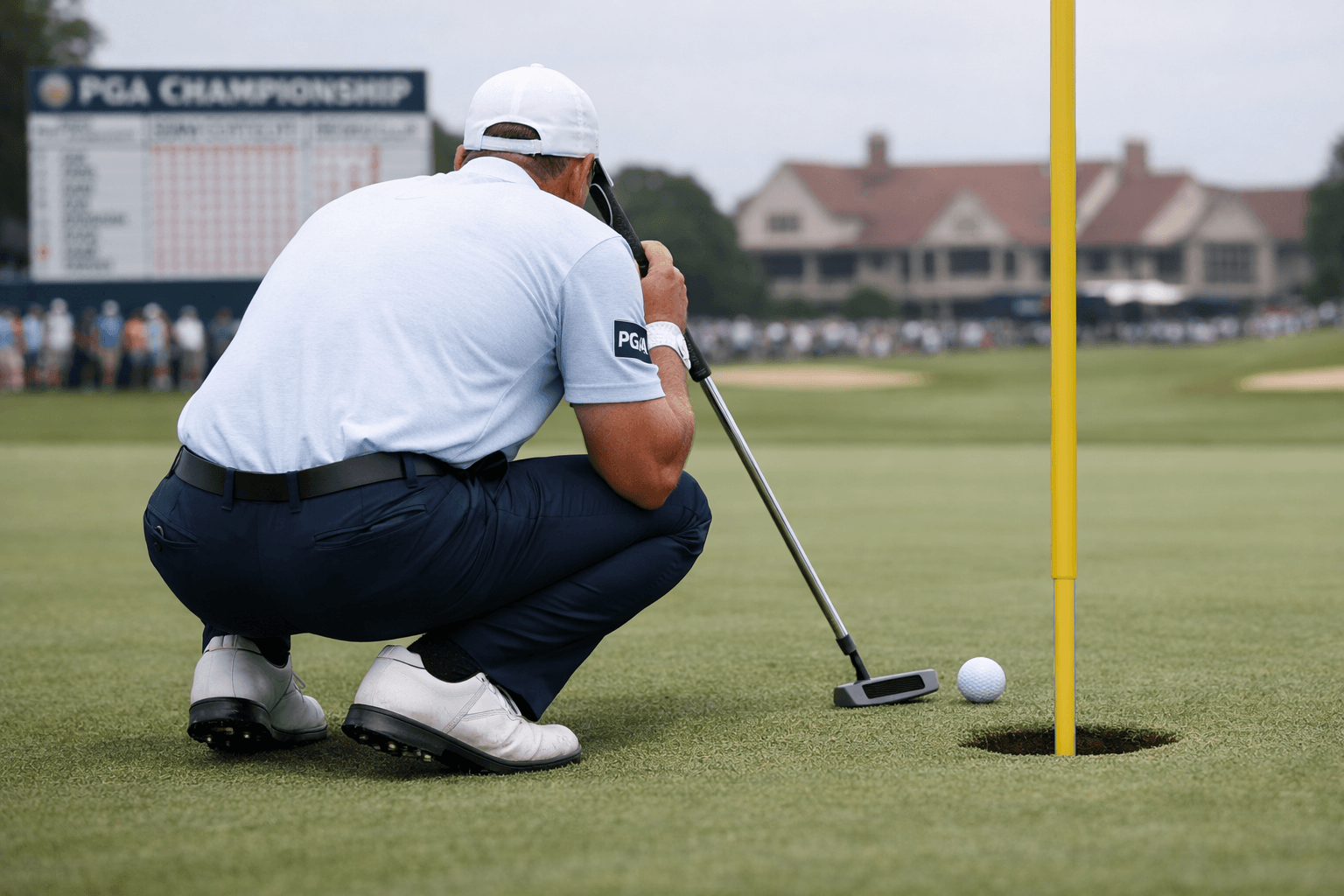 golfer keegan bradley lining up a putt near the cup on a PGA green