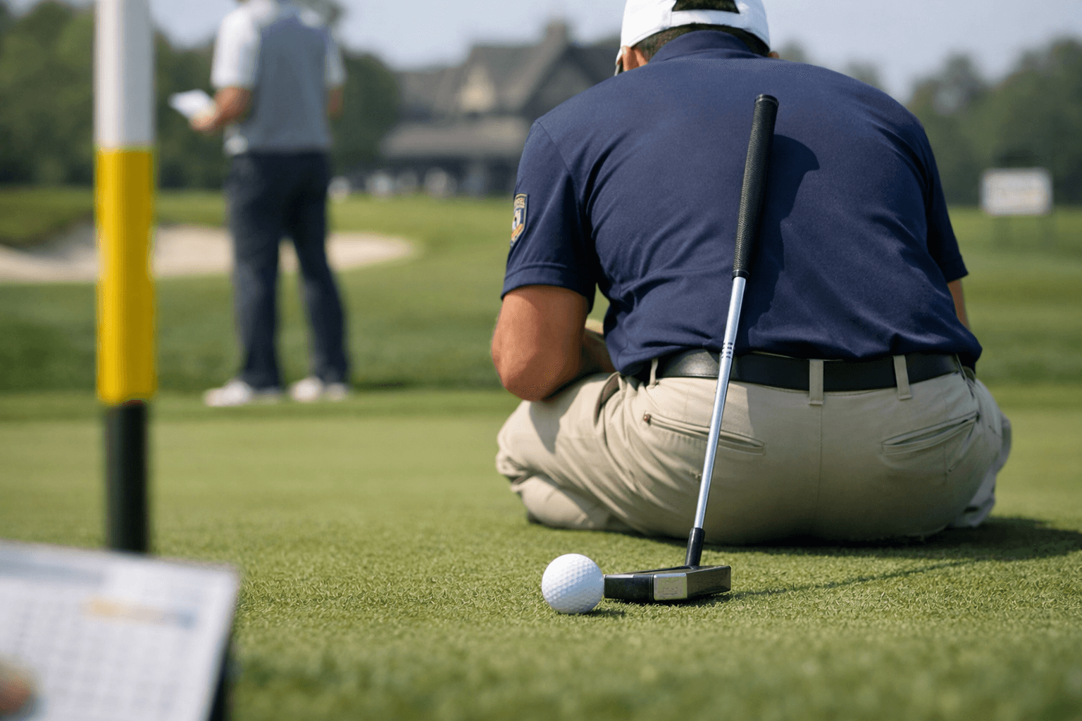 Golfer Keegan Bradley putting from behind on a sunlit green, focused over a short putt.