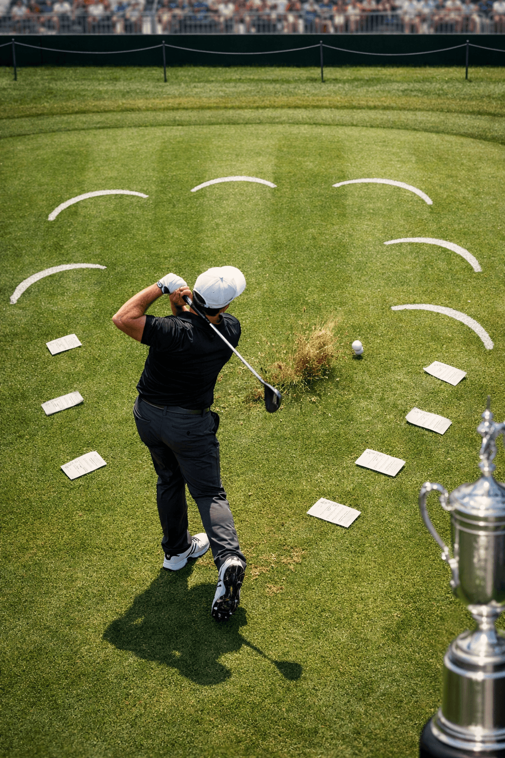Overhead phil mickelson golfer in follow-through on fairway, grass and sand spray beside ball