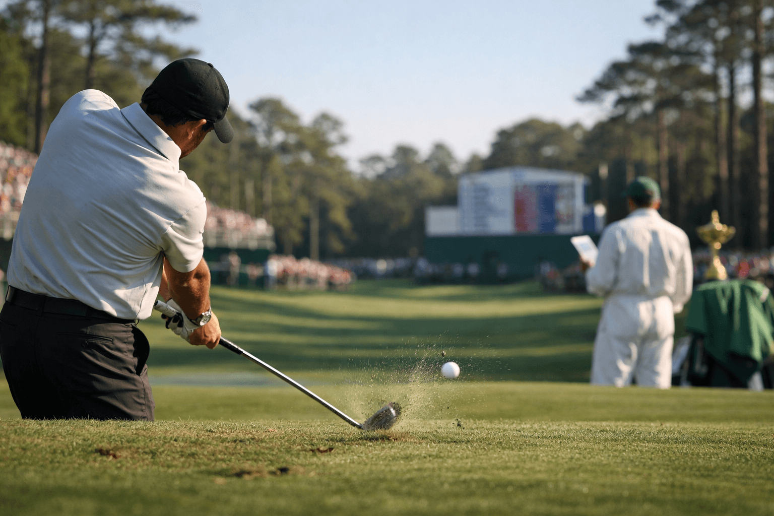 phil mickelson golfer at top of downswing on Ryder Cup fairway, club striking ball with grass spray