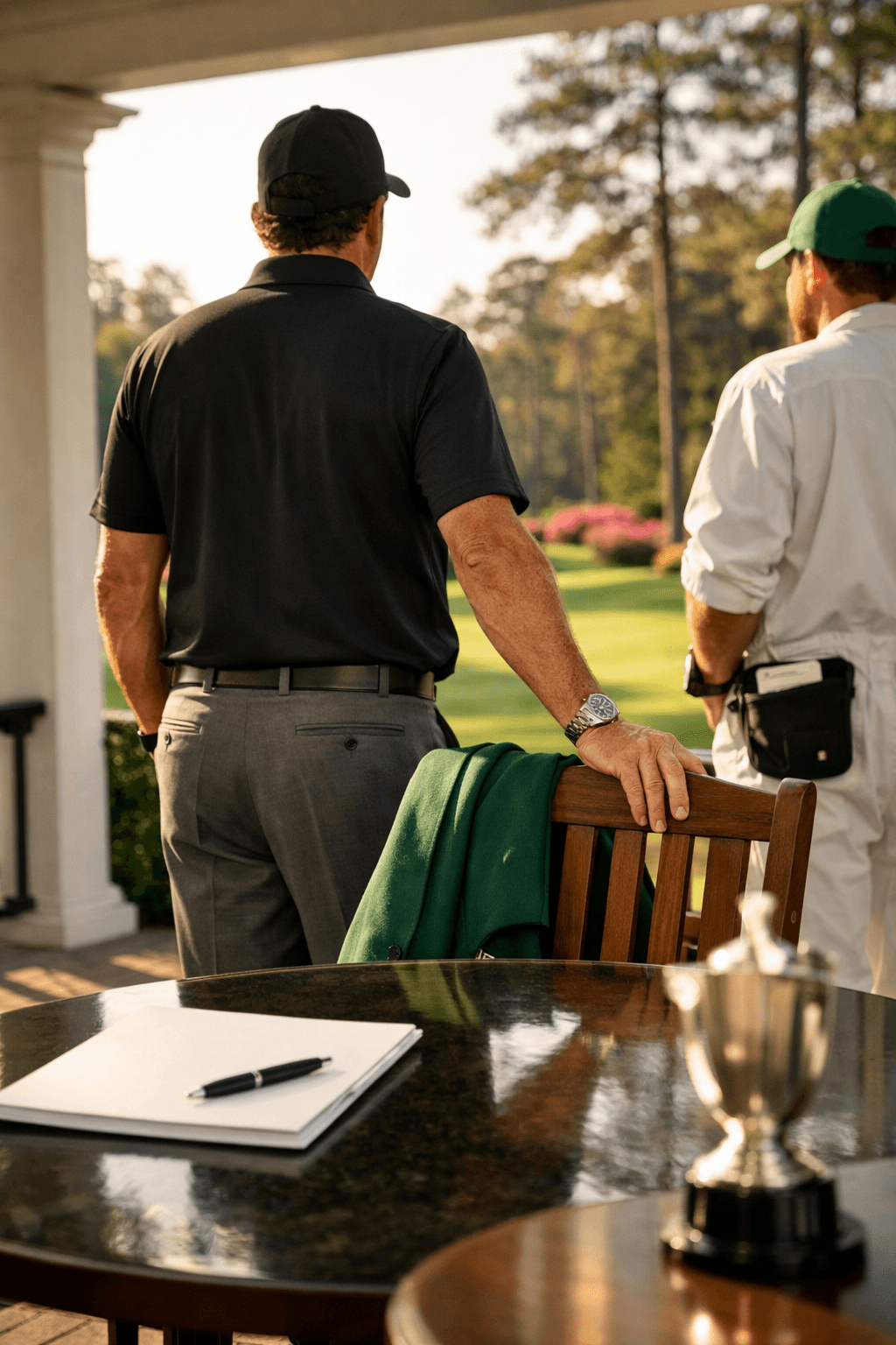 phil mickelson golfer from behind on clubhouse terrace with caddie, folded jacket, and fairway beyond