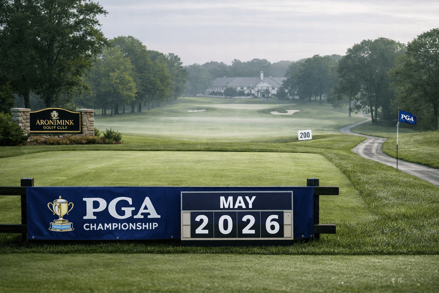 PGA Championship 2026: Dates and Venue Information 1 pga championship 2026 banner and date card on misty Aronimink fairway with green and flag